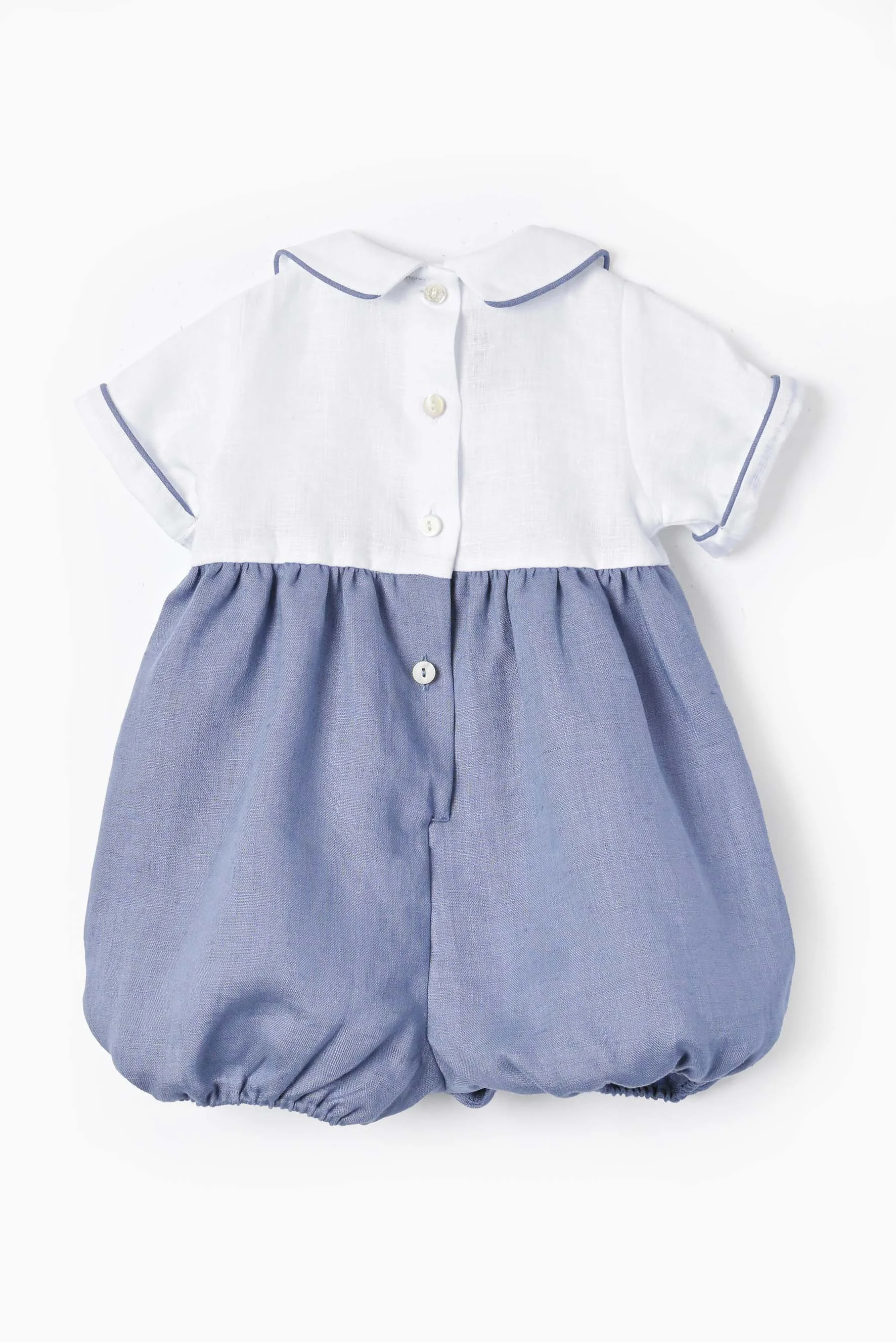 Pagliaccetto neonato lino bianco e blu tempesta