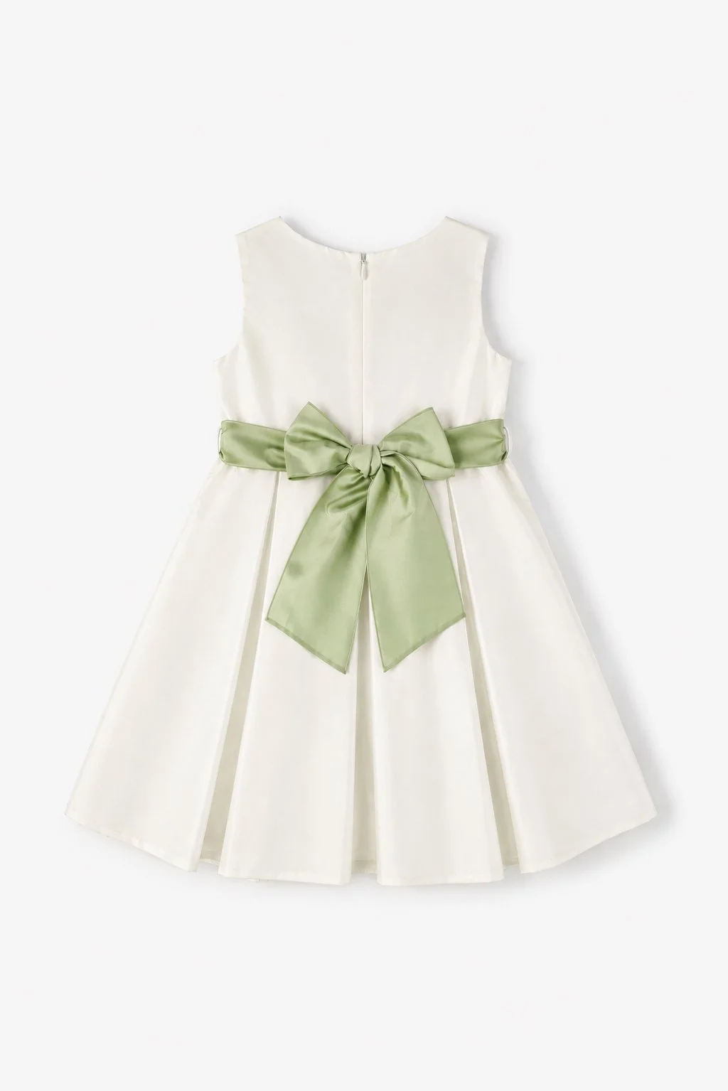 Scamiciato cerimonia bambina raso panna a pieghe e cintura verde retro
