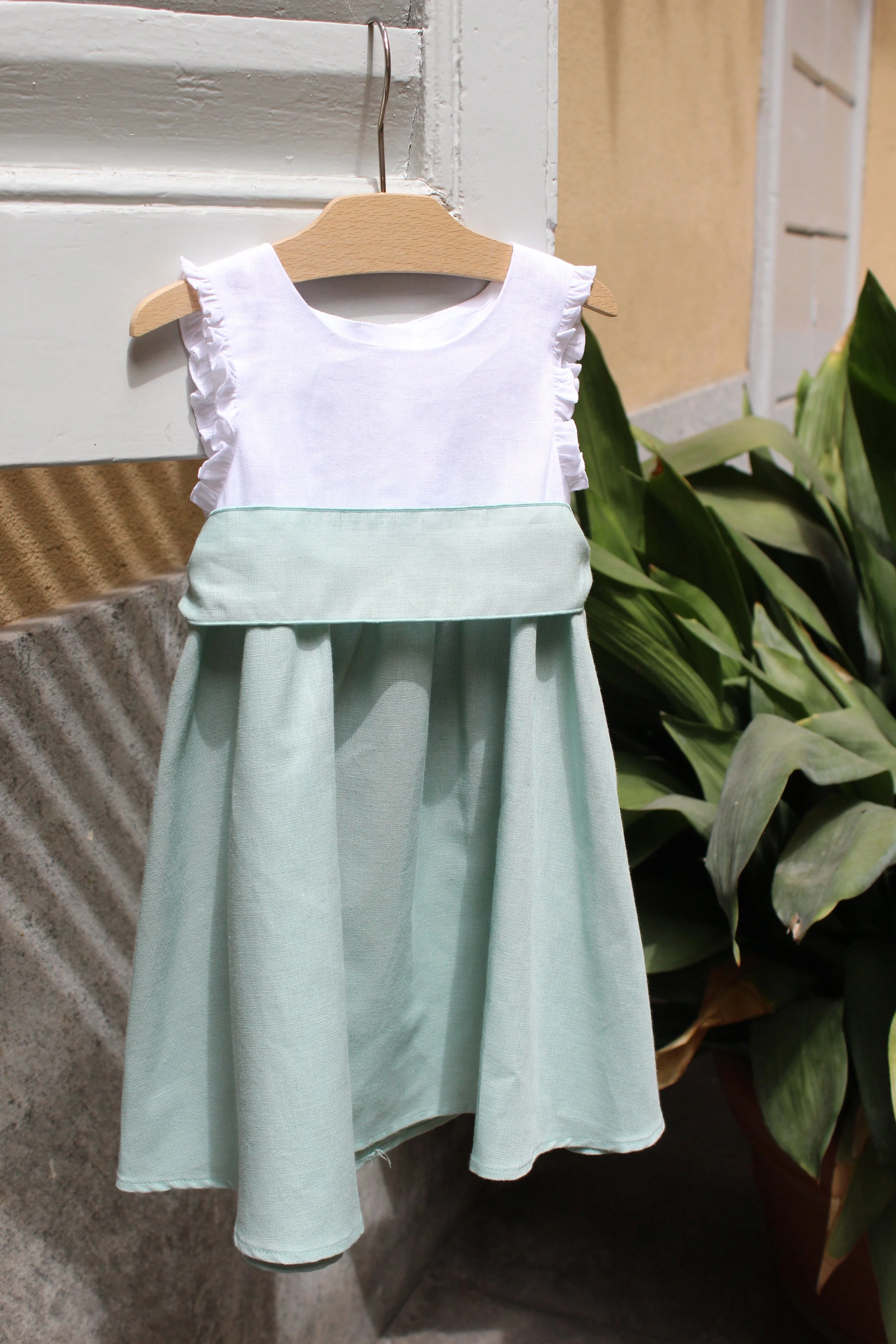 Abito Crochette cerimonia lino bianco e verde