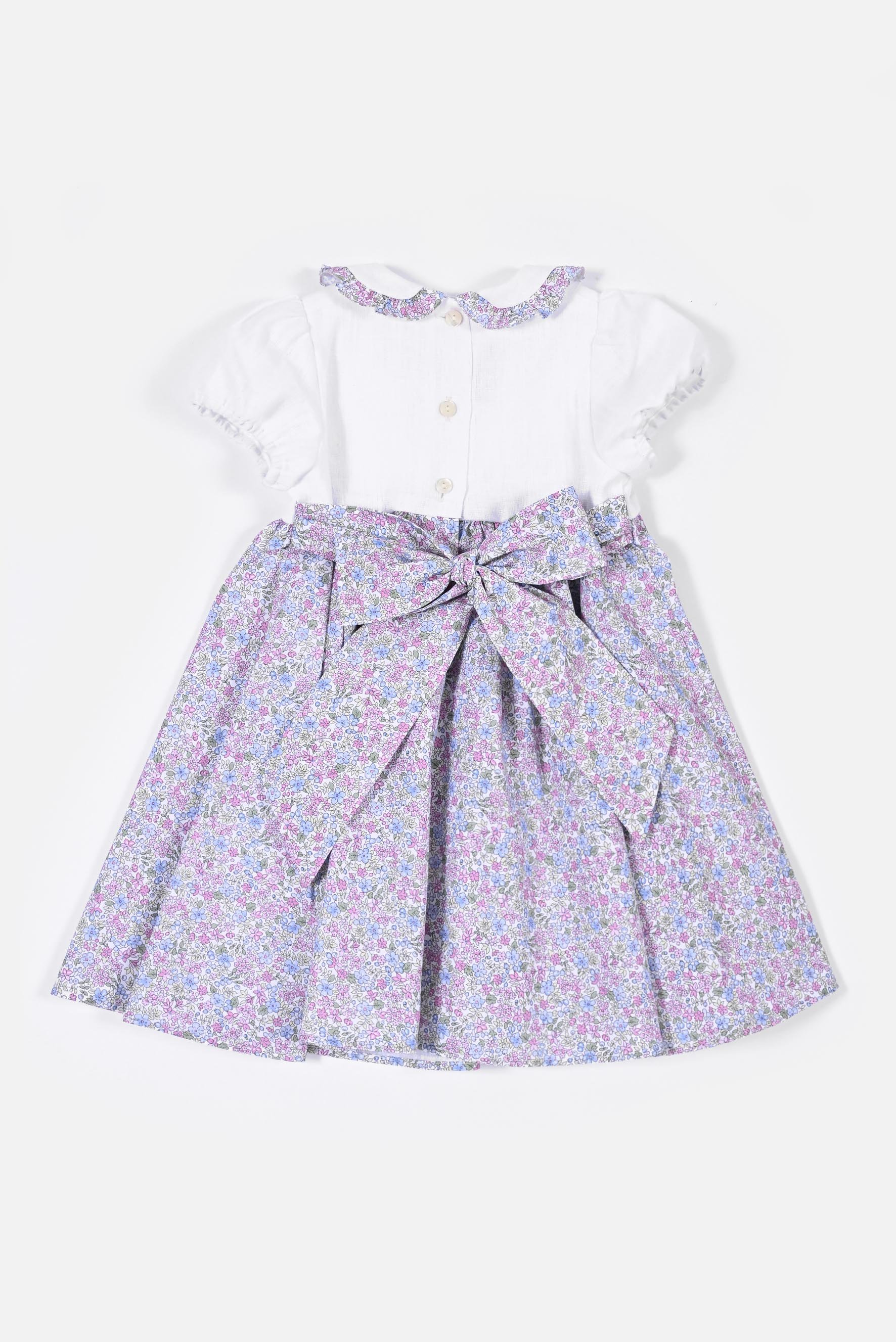 Vestito bambina lino bianco e fiore blu lilla retro