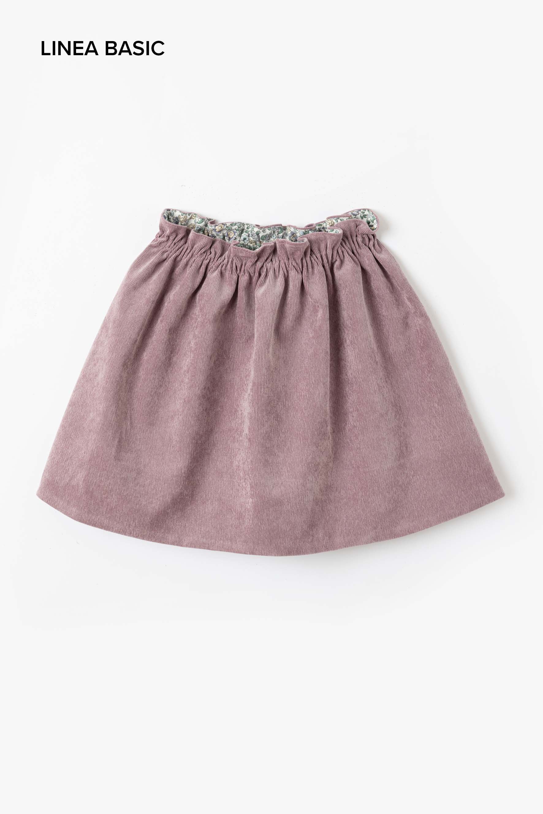 Gonna double face velluto a coste malva e flanella di cotone in fiore viola, avio, giallo e verde