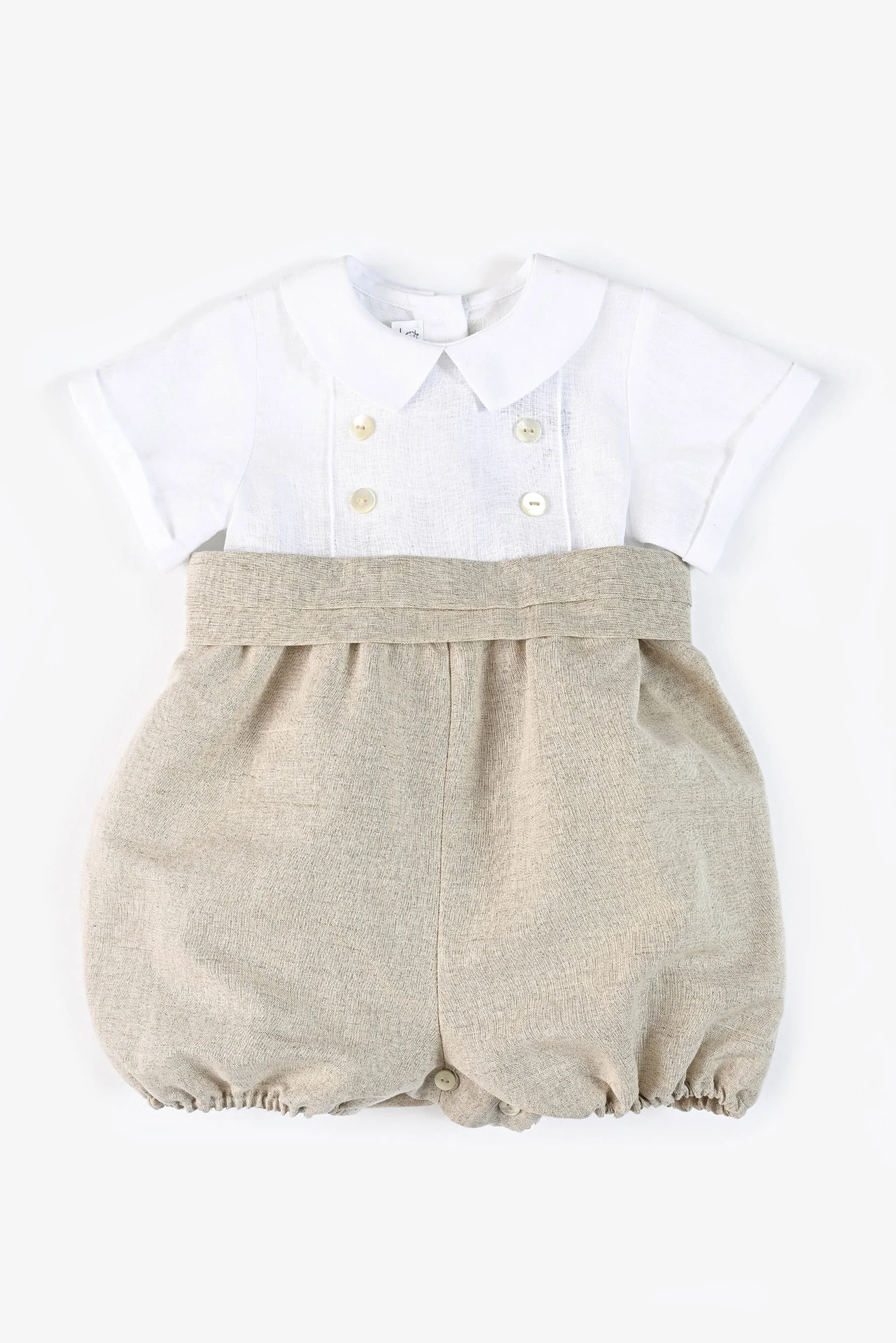 Pagliaccetto cerimonia in lino bianco e beige con cintura