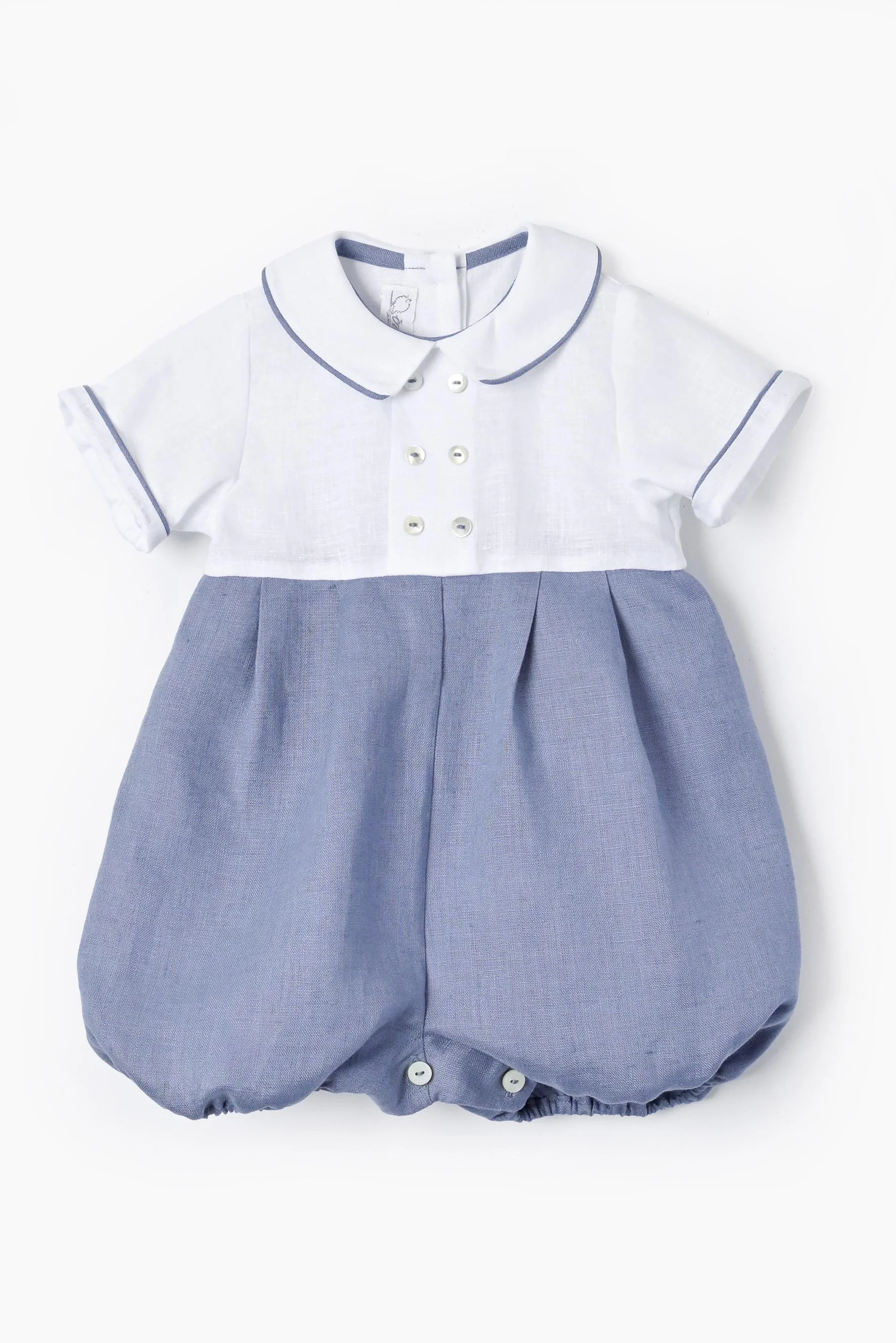 Pagliaccetto neonato lino bianco e blu tempesta