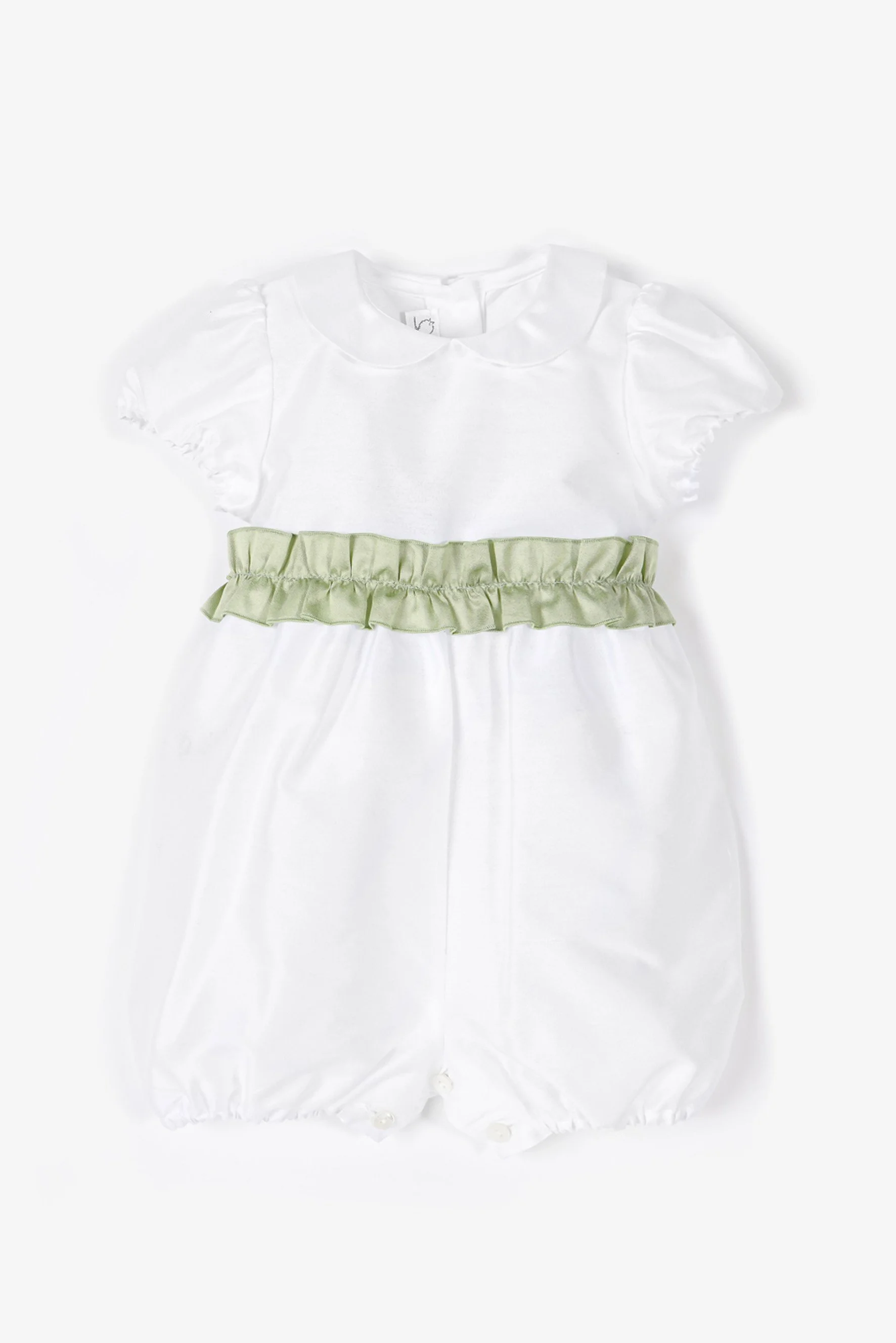 Pagliaccetto cerimonia neonata raso bianco rouches verde