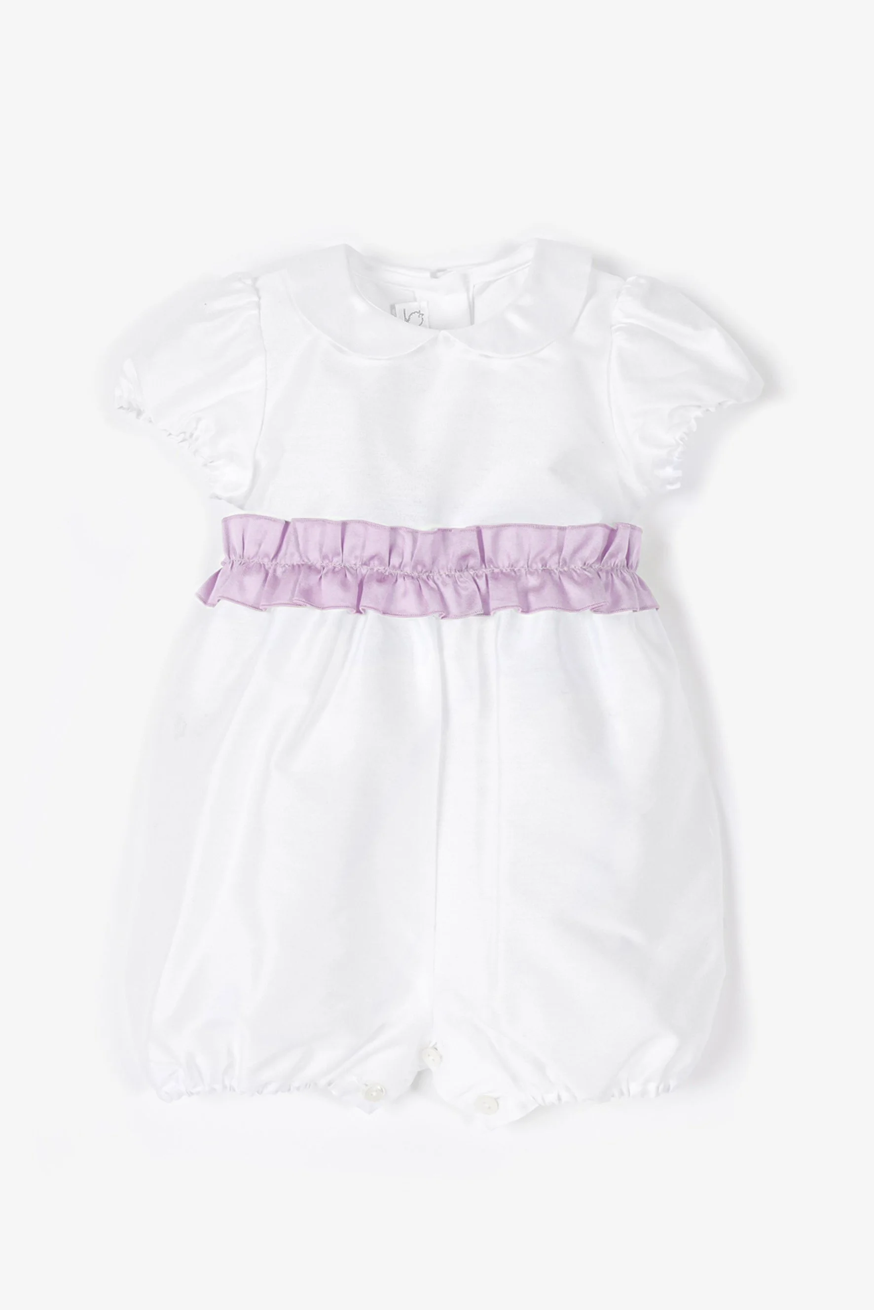 Pagliaccetto cerimonia neonata raso bianco rouches lilla Crochette