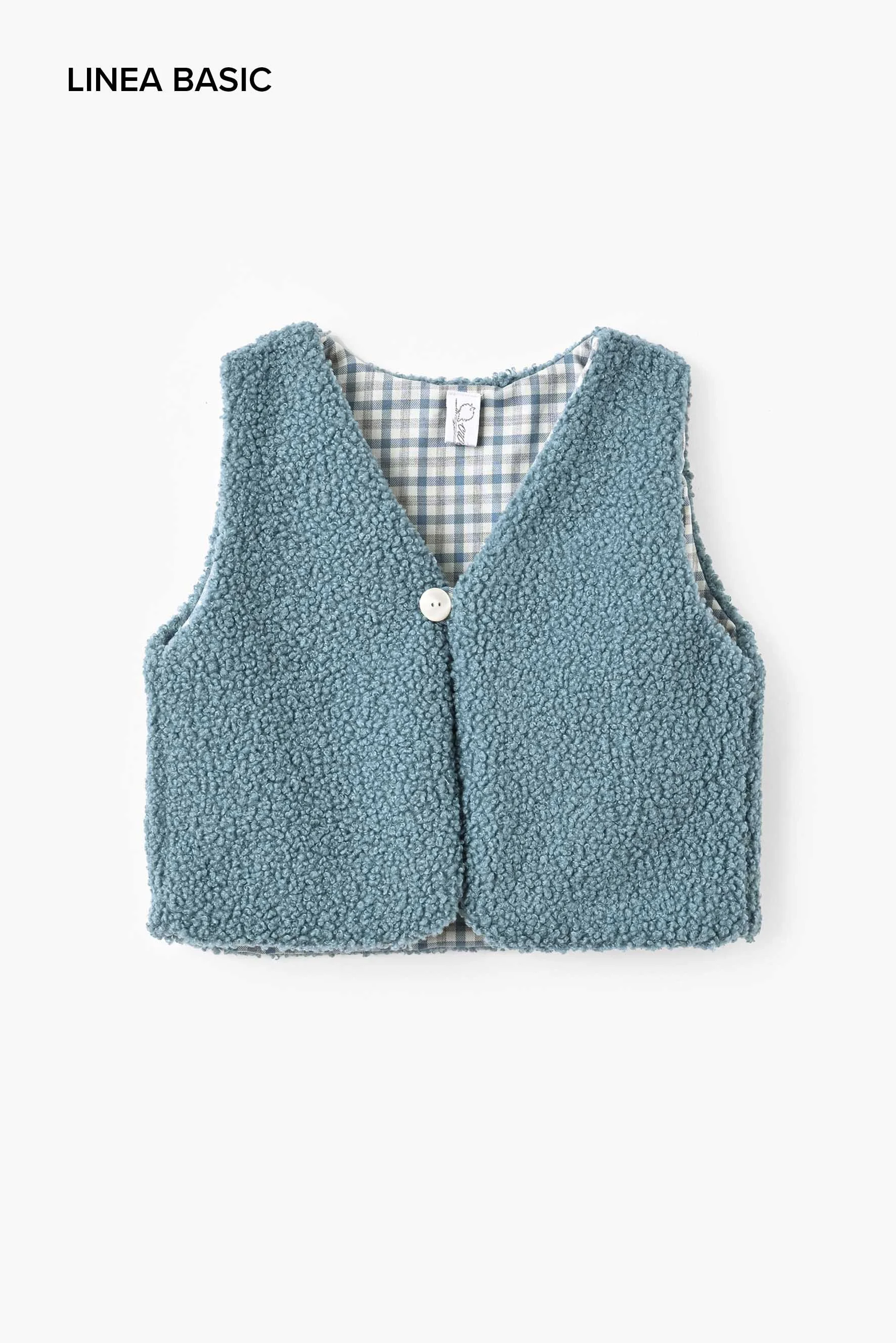 Gilet bambino Teddy Twist avio e flanella di cotone vichy azzurro grigio