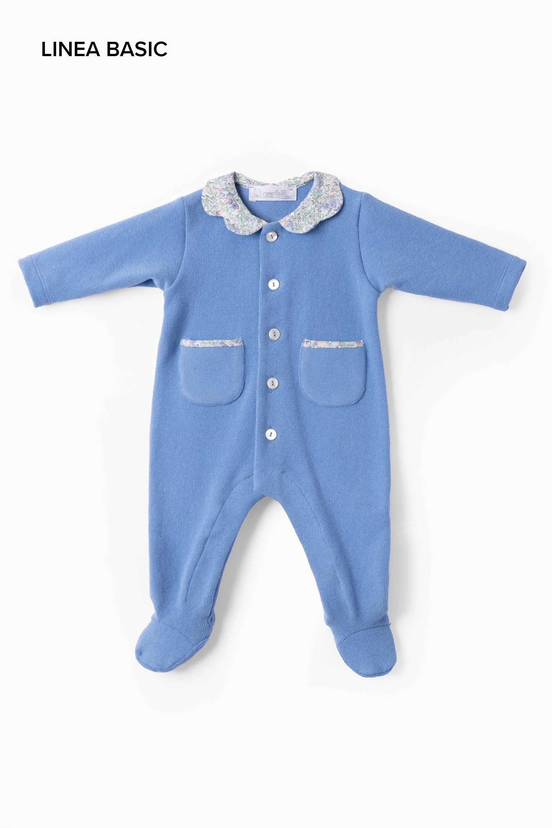 Tutina piedini neonata maglia azzurra e Liberty