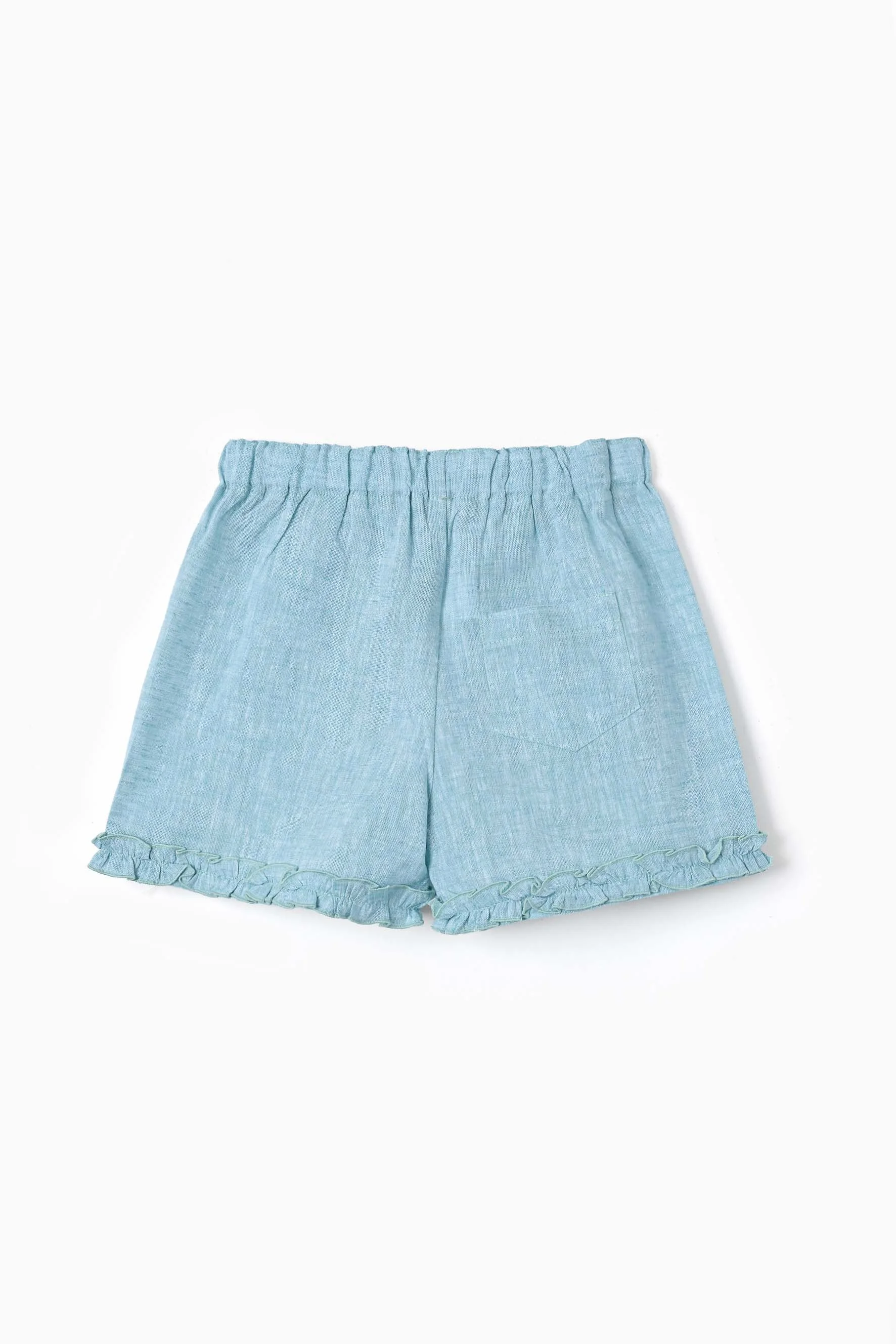 Shorts bambina lino turchese con rouches