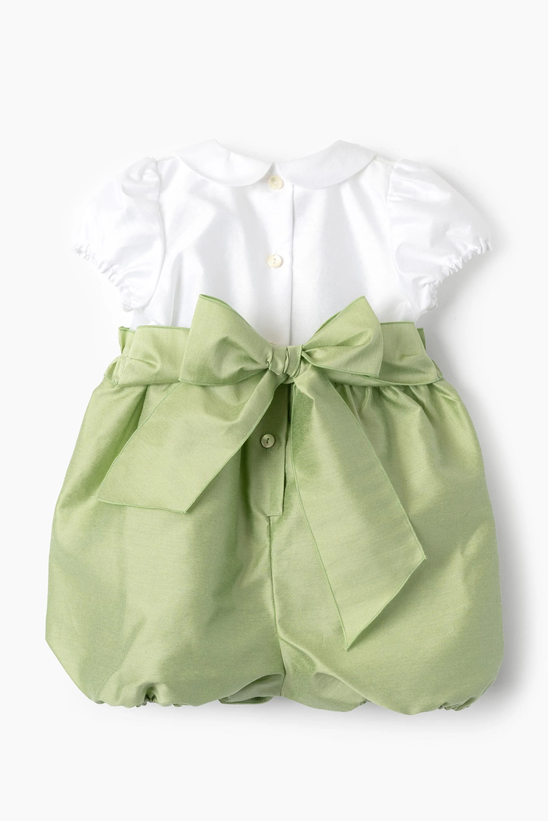 Pagliaccetto cerimonia neonata raso bianco verde kiwi con rouches retro