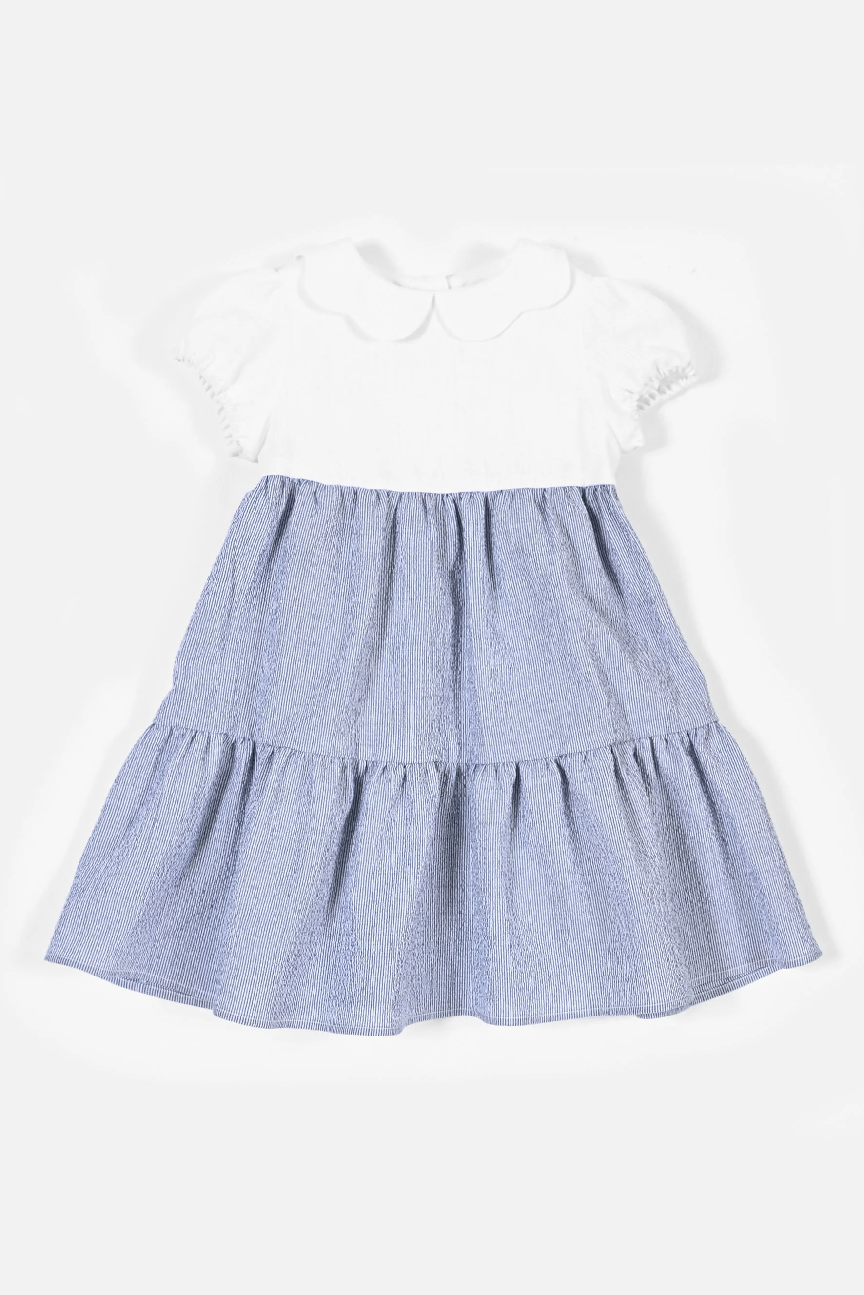 Vestito bambina lino bianco e balze righina blu