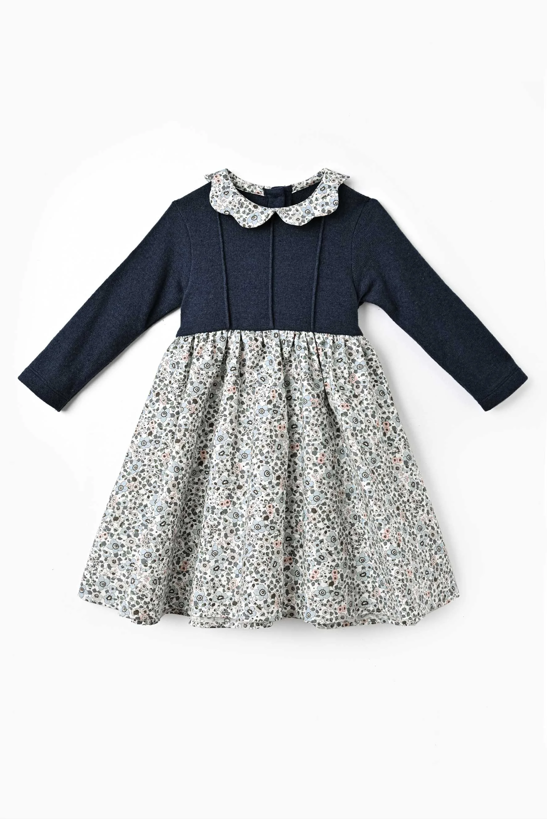 Vestito bambina maglia blu e fiore avio