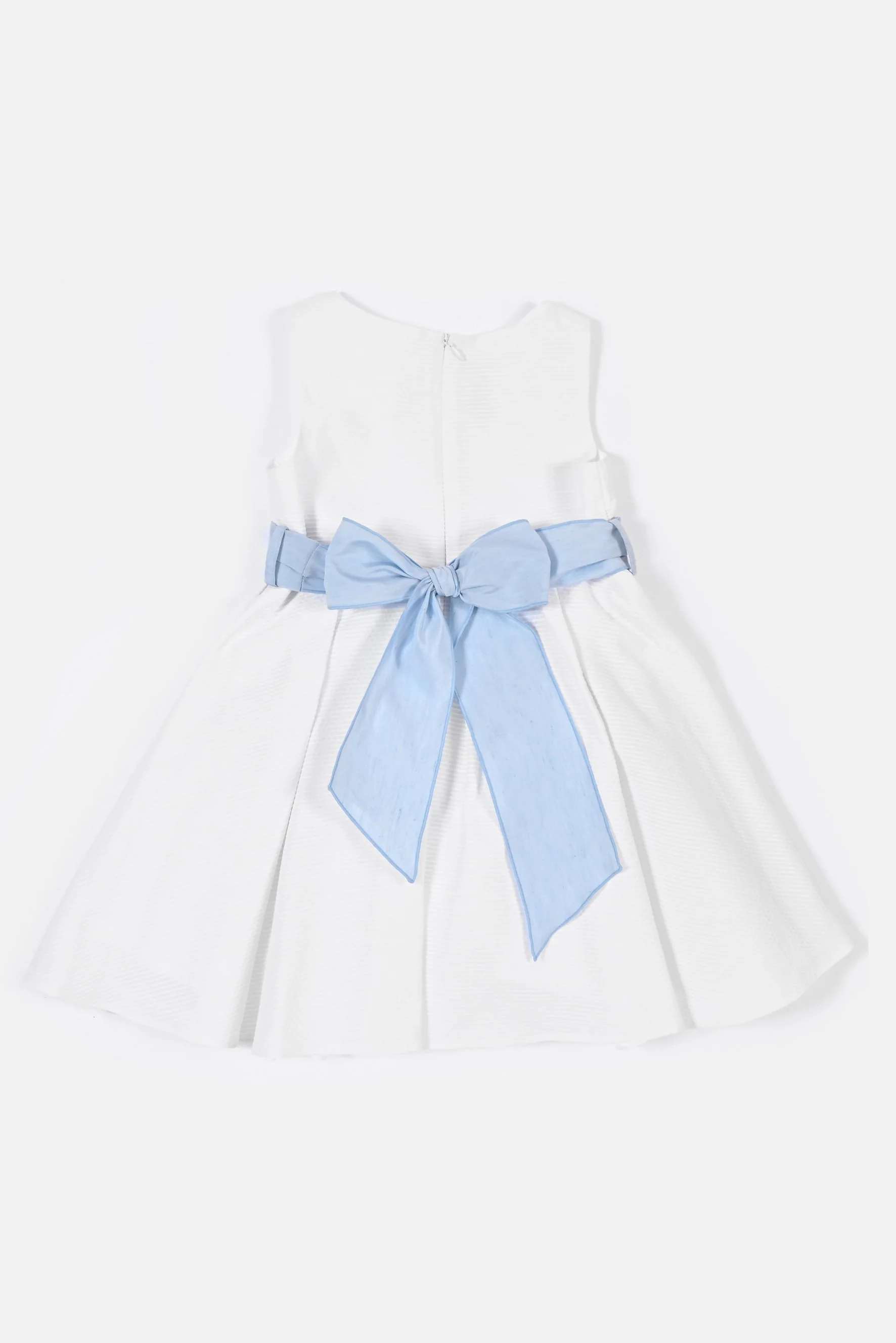 Vestito bambina in piquet a righe bianco e cintura azzurra retro