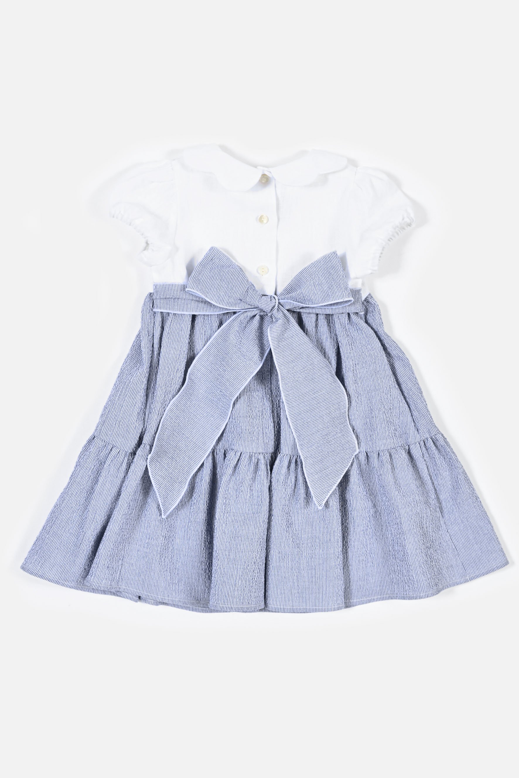 Vestito bambina lino bianco e balze righina blu retro