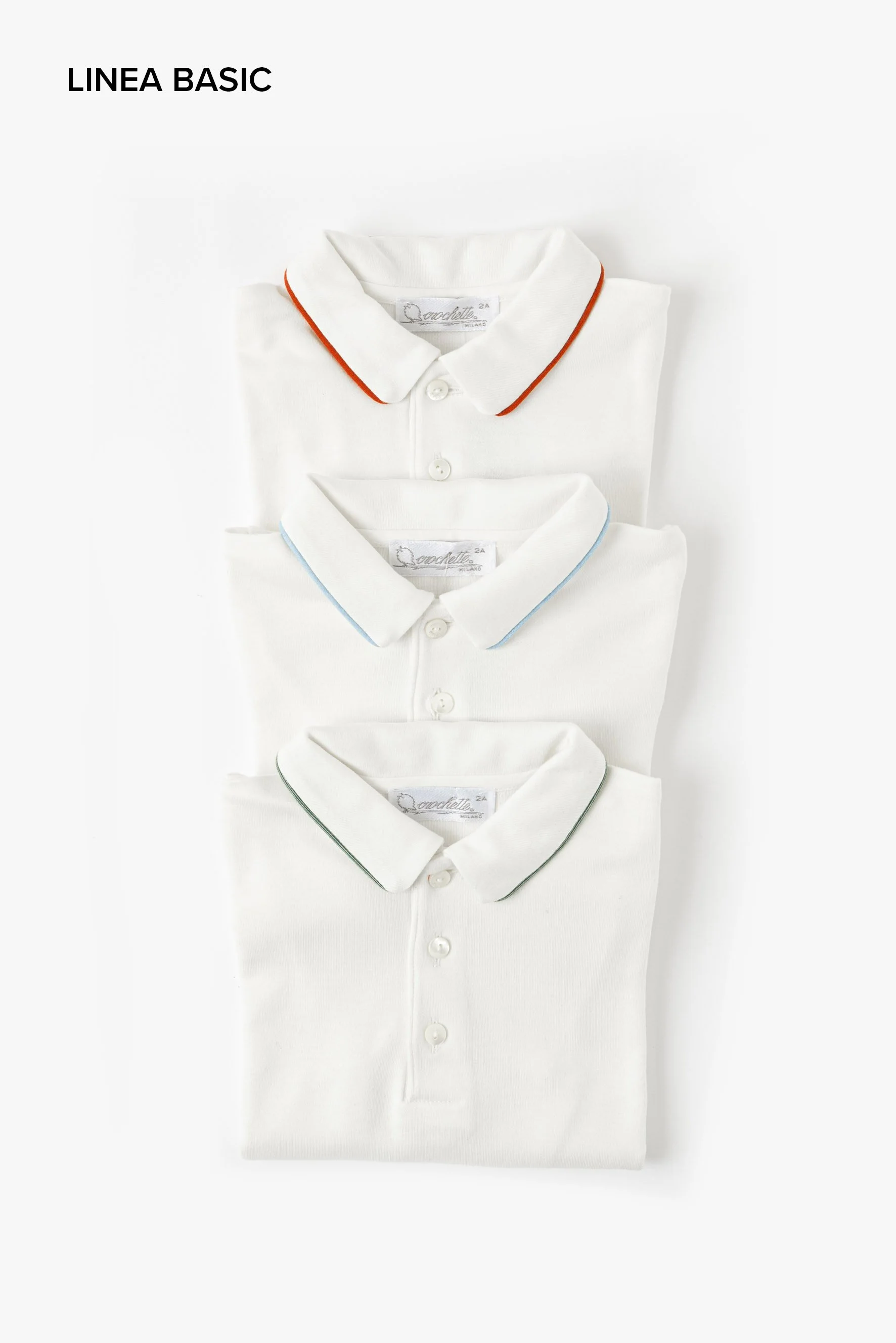Maglia polo bambino bianca codino arancione verde azzurro