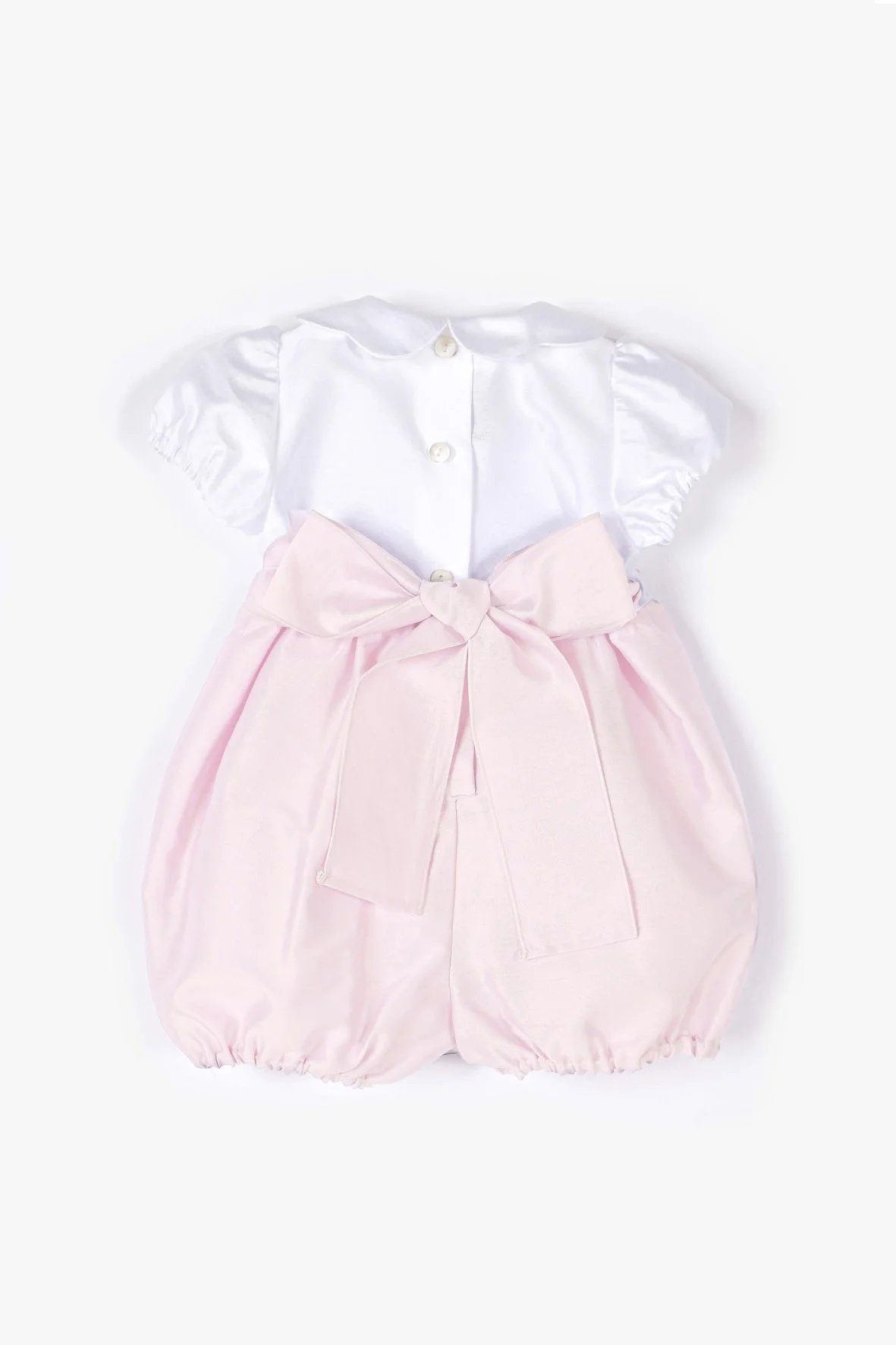 Pagliaccetto cerimonia neonata raso bianco e rosa con rouches retro