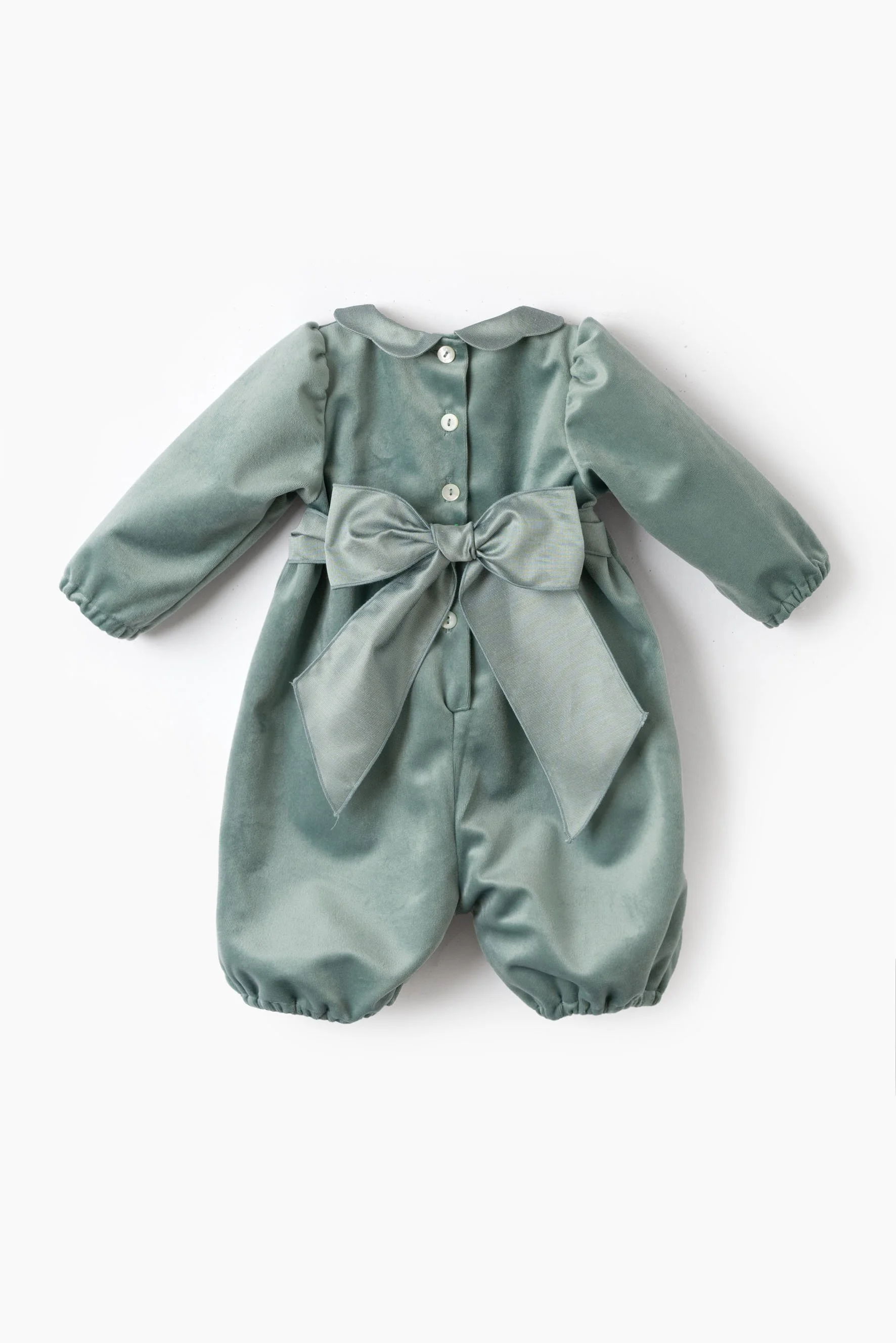 Pagliaccetto neonata smock velluto verde agave Crochette