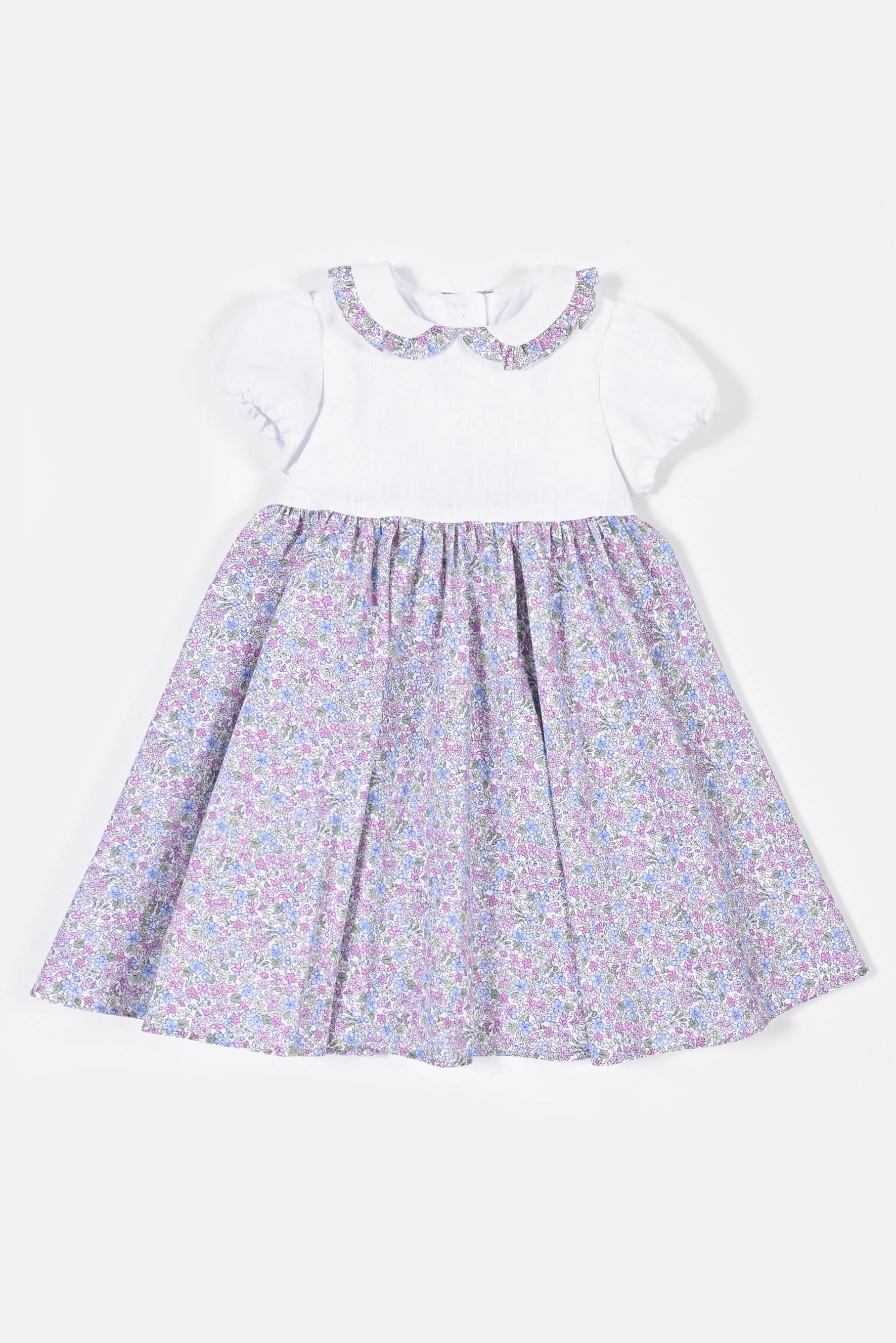 Vestito bambina lino bianco e fiore blu lilla