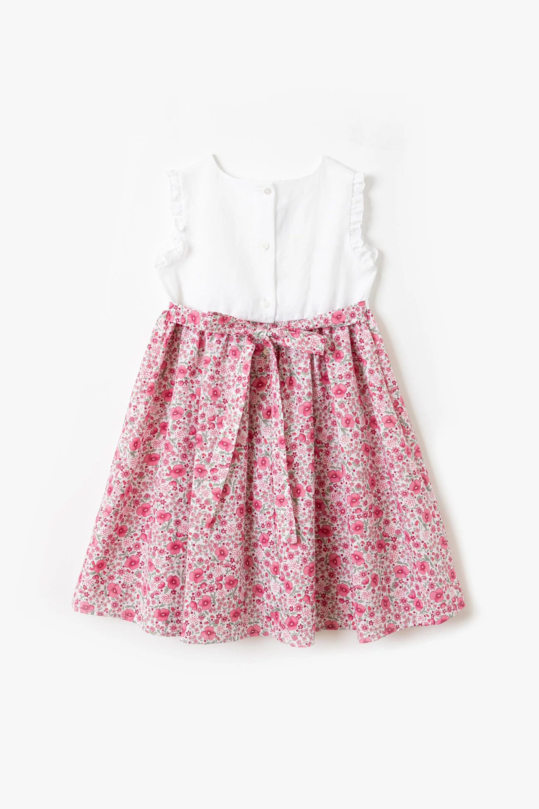 Vestito bambina lino bianco e fiore rosso