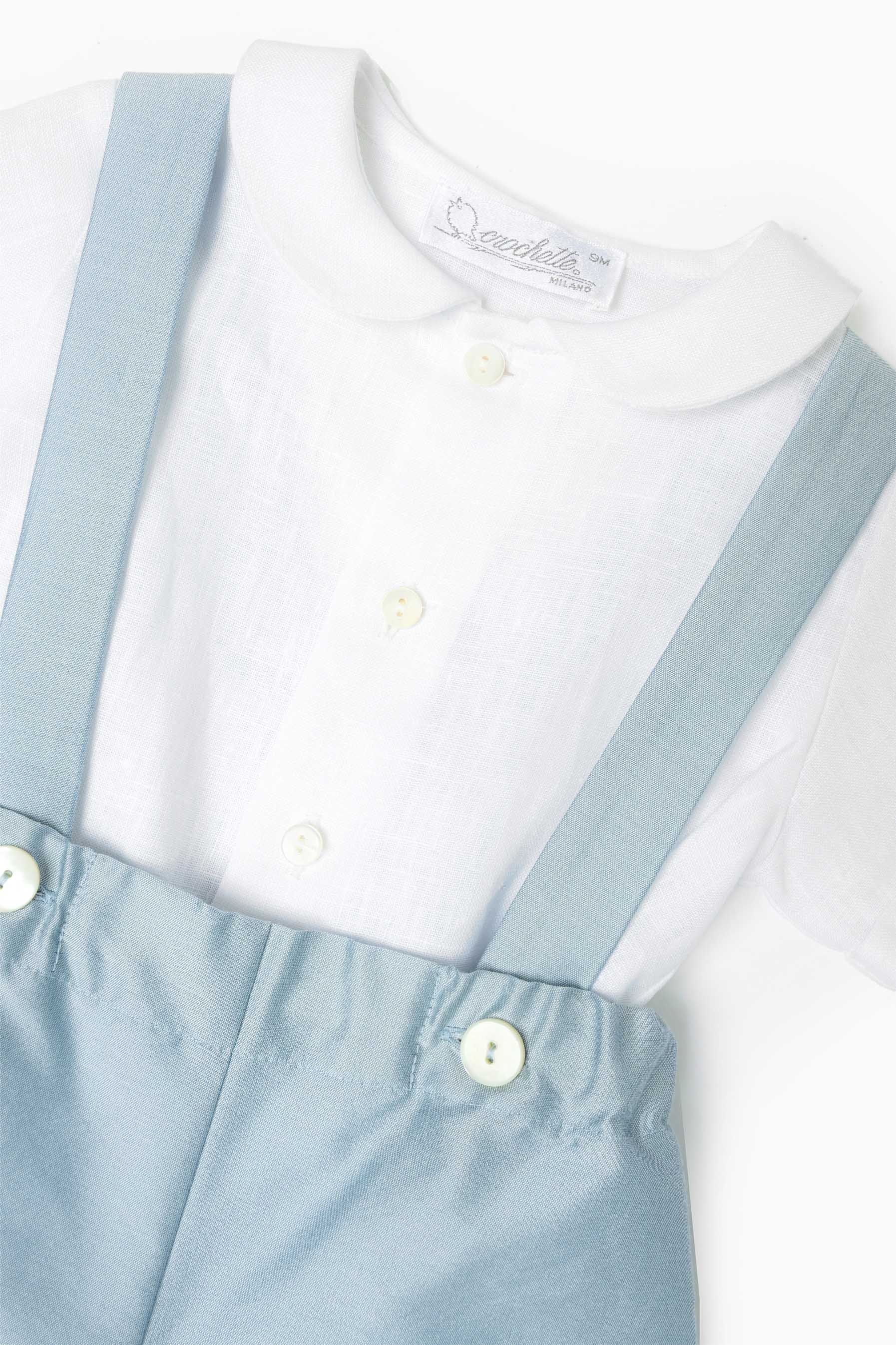 Completo cerimonia camicia lino e zuava raso azzurro polvere dettaglio