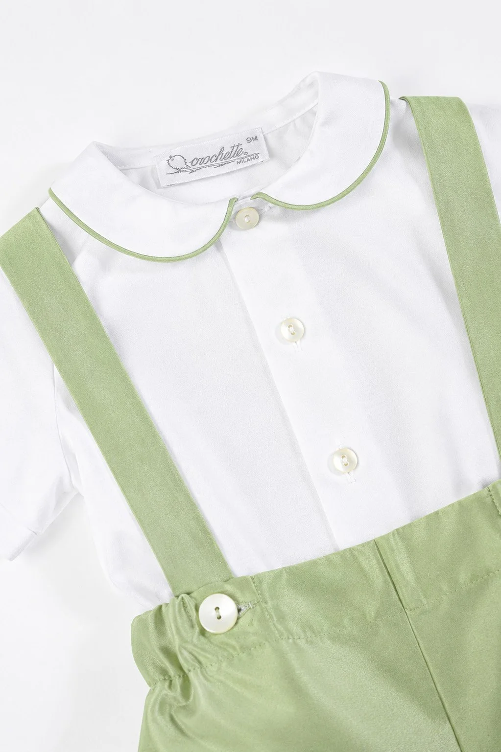 Completo cerimonia camicia raso bianco e zuava verde kiwi dettaglio