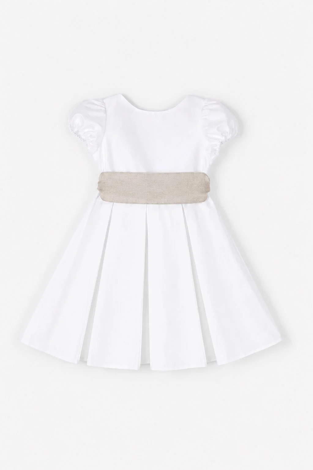 Vestito cerimonia bambina raso bianco a pieghe e cintura beige Crochette