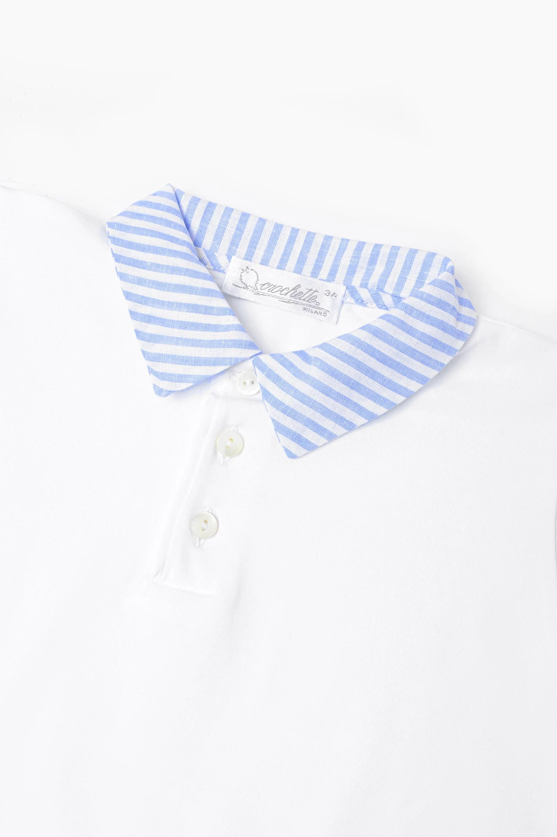 Polo jersey bianco e colletto righe avio Crochette
