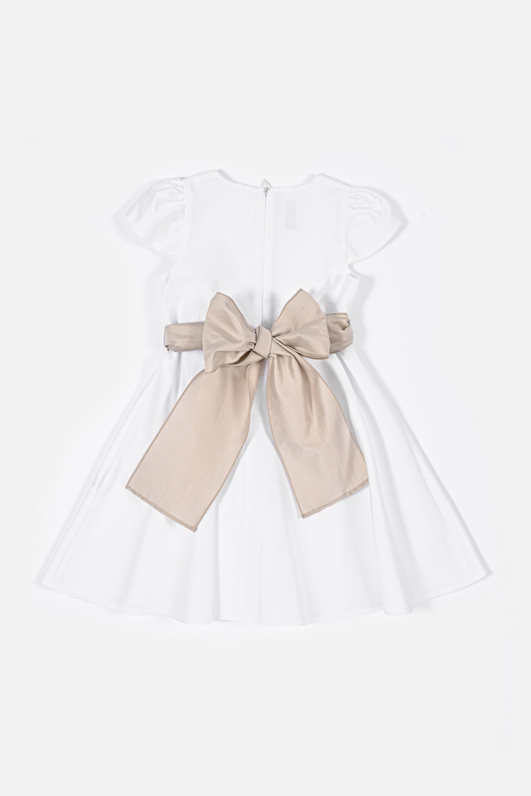 Vestito bambina in raso bianco con cintura beige retro