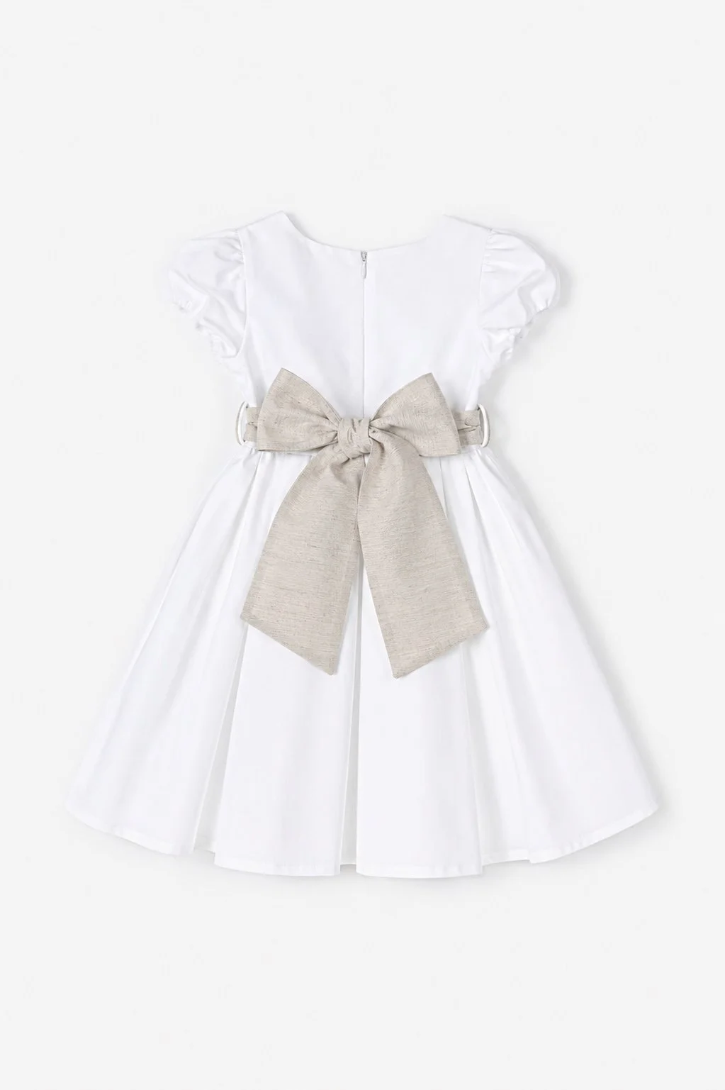 Vestito cerimonia bambina raso bianco a pieghe e cintura beige retro