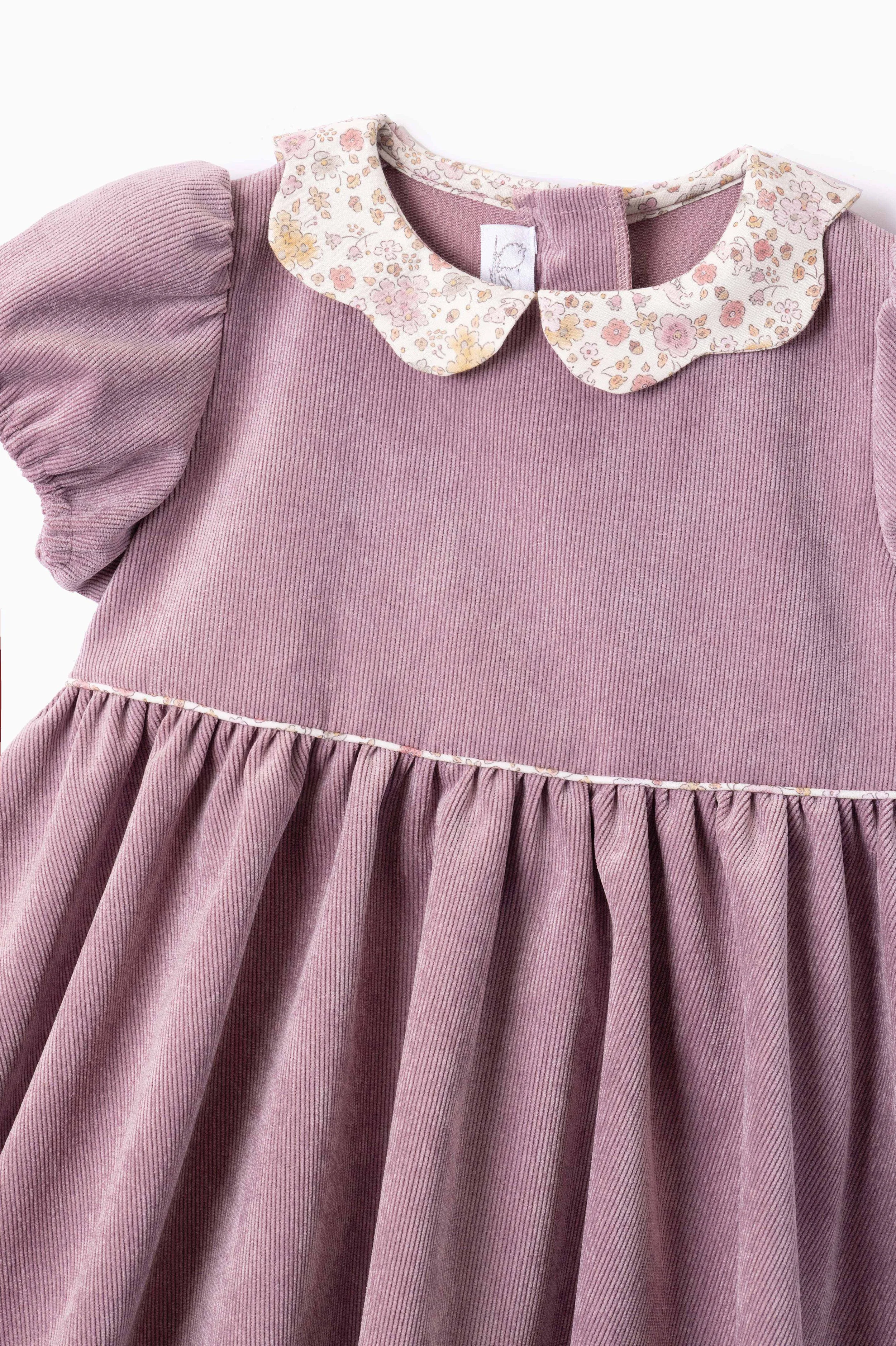 Vestito bambina velluto color malva e fiore con topolini