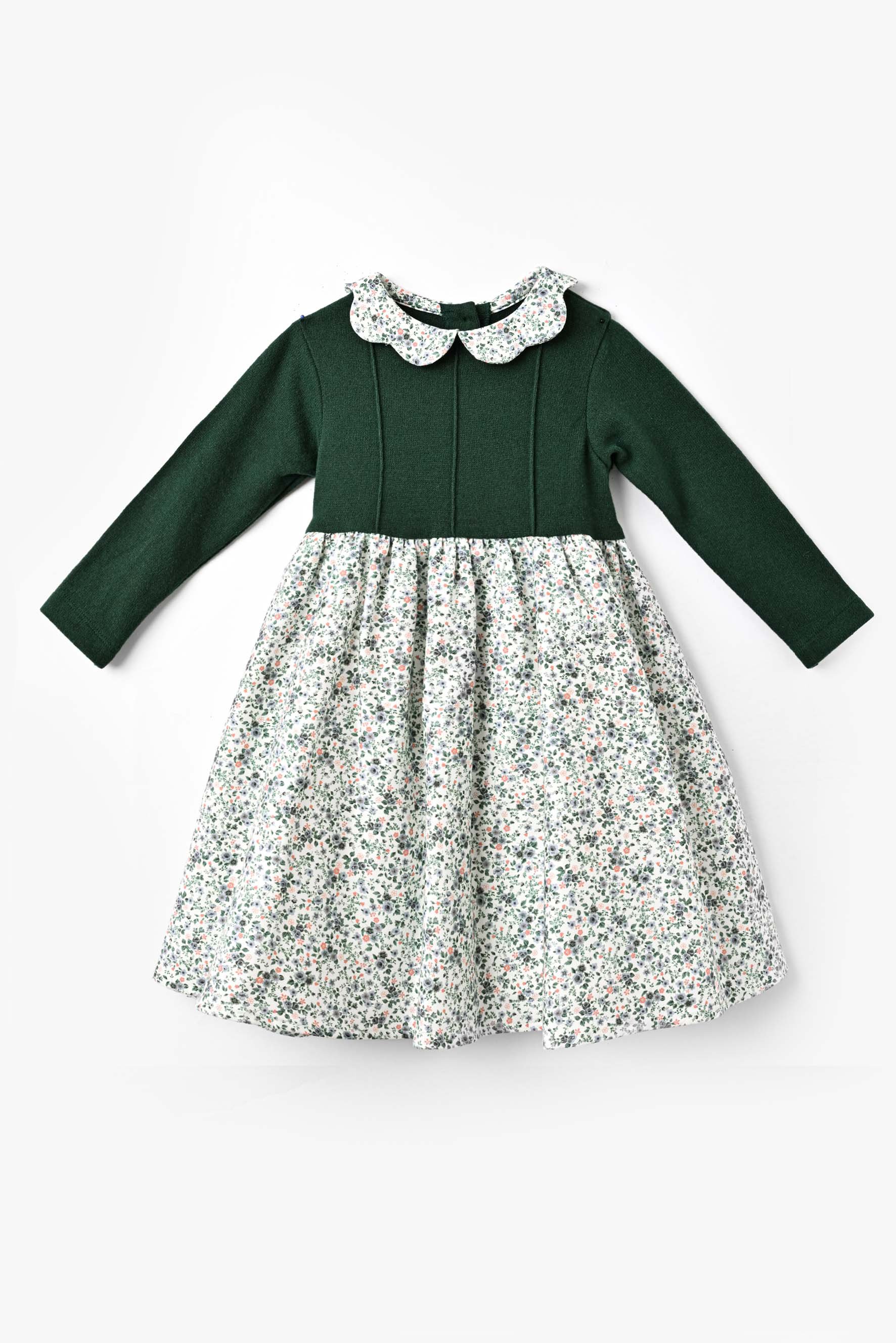 Vestito bambina maglia verde e fiore verde