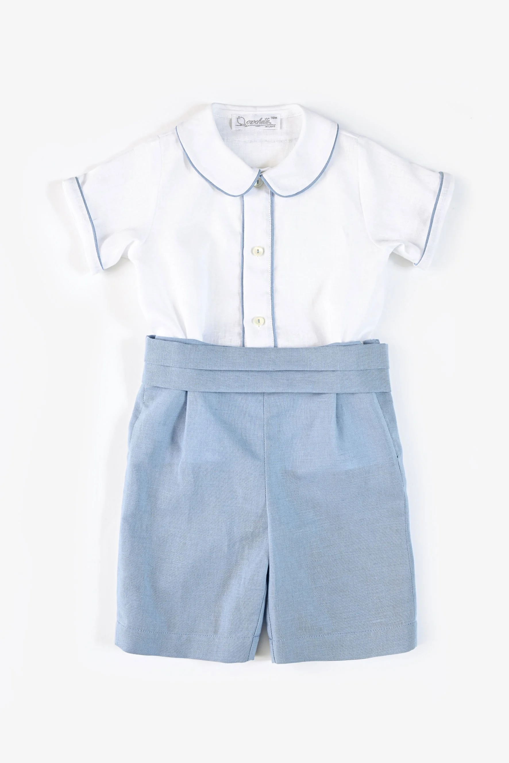 Completo bambino camicia in lino bianco e avio Crochette