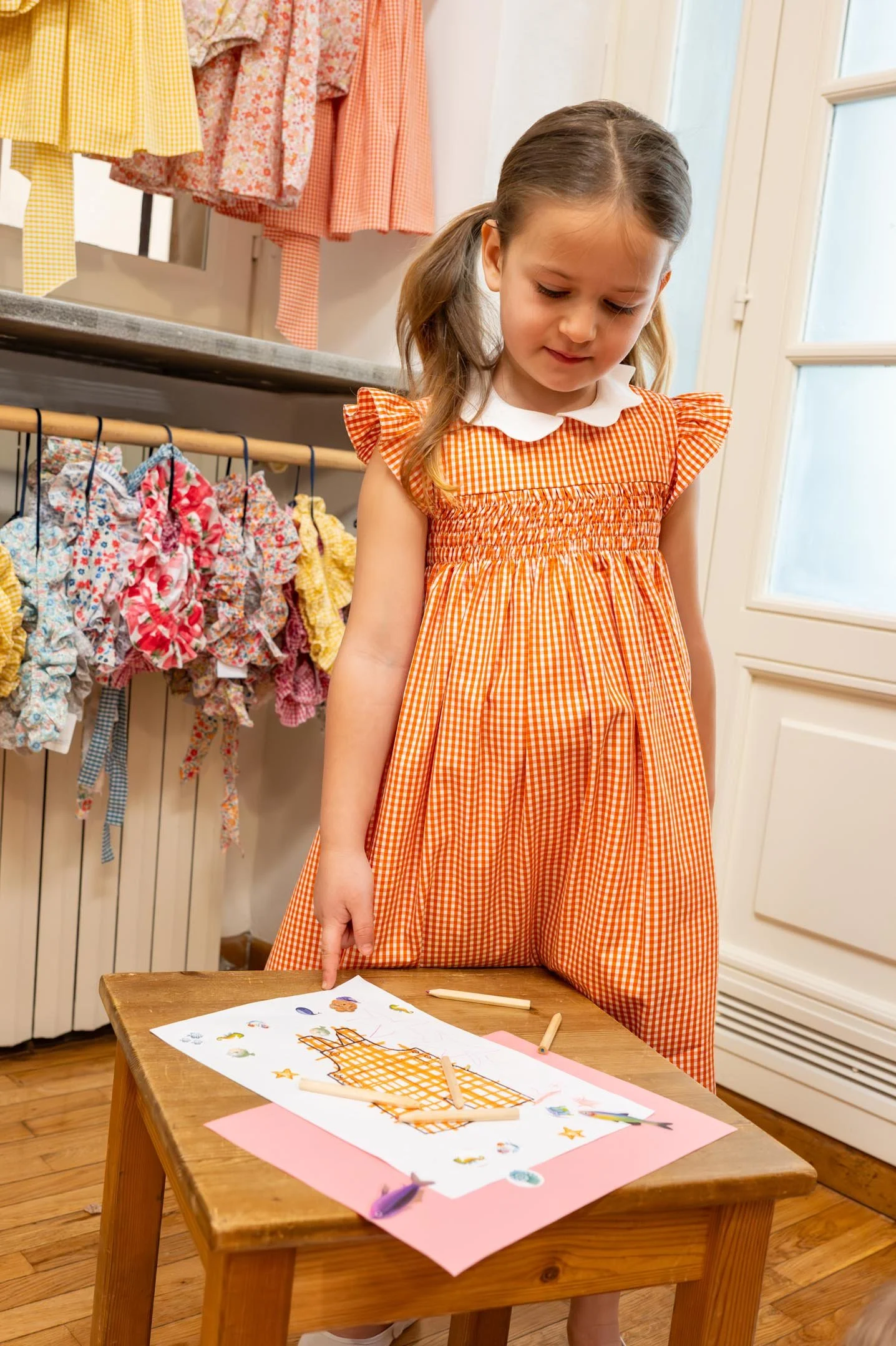 Vestito classico bambina vichy arancione