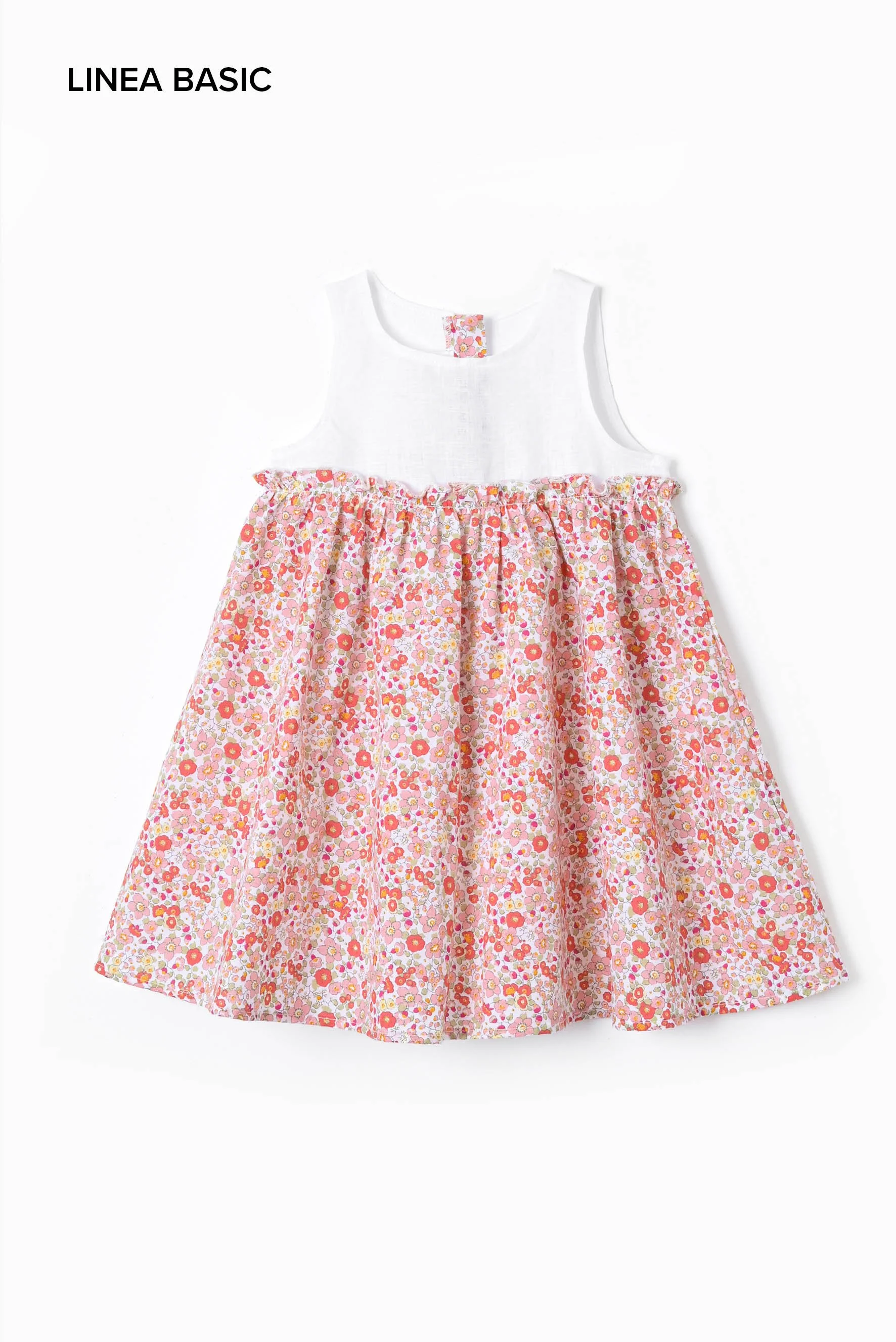 Vestito bambina lino bianco e fiore arancione
