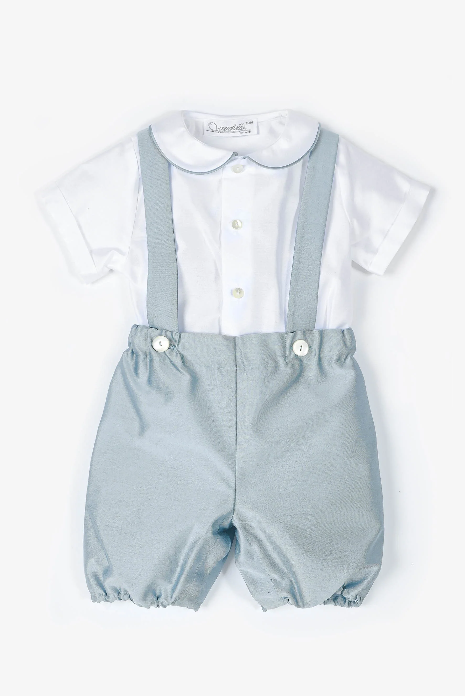 Completo cerimonia camicia raso bianco e zuava azzurro polvere