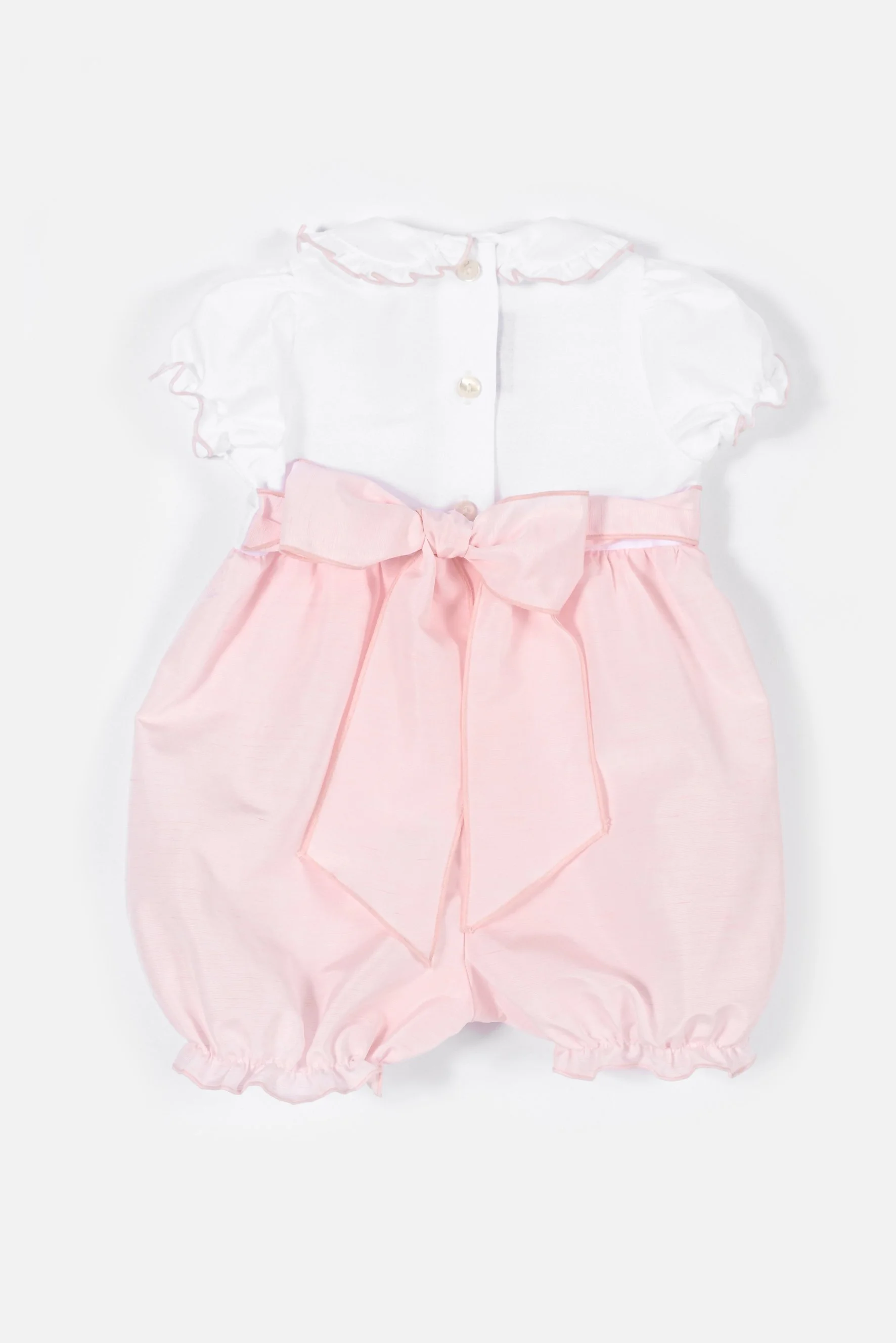 Pagliaccetto neonata cerimonia raso lino bianco e rosa retro