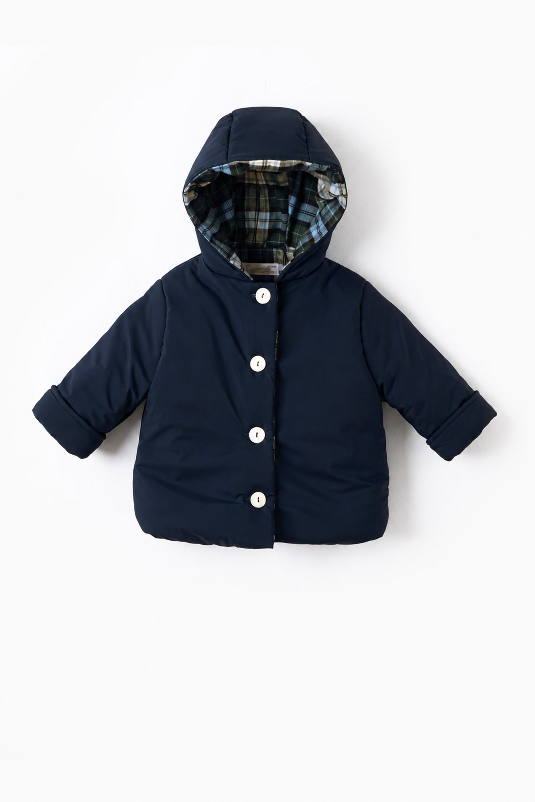 Giacca imbottita con cappuccio blu e tartan