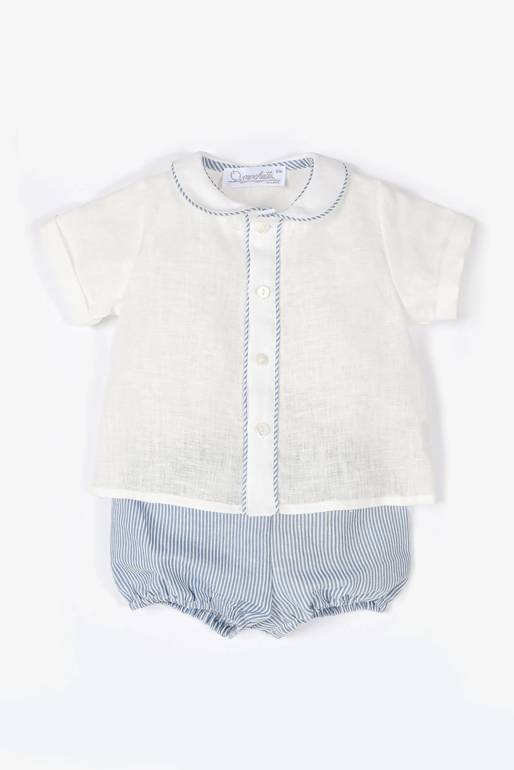 Completo neonato camicia lino e culotte righine blu