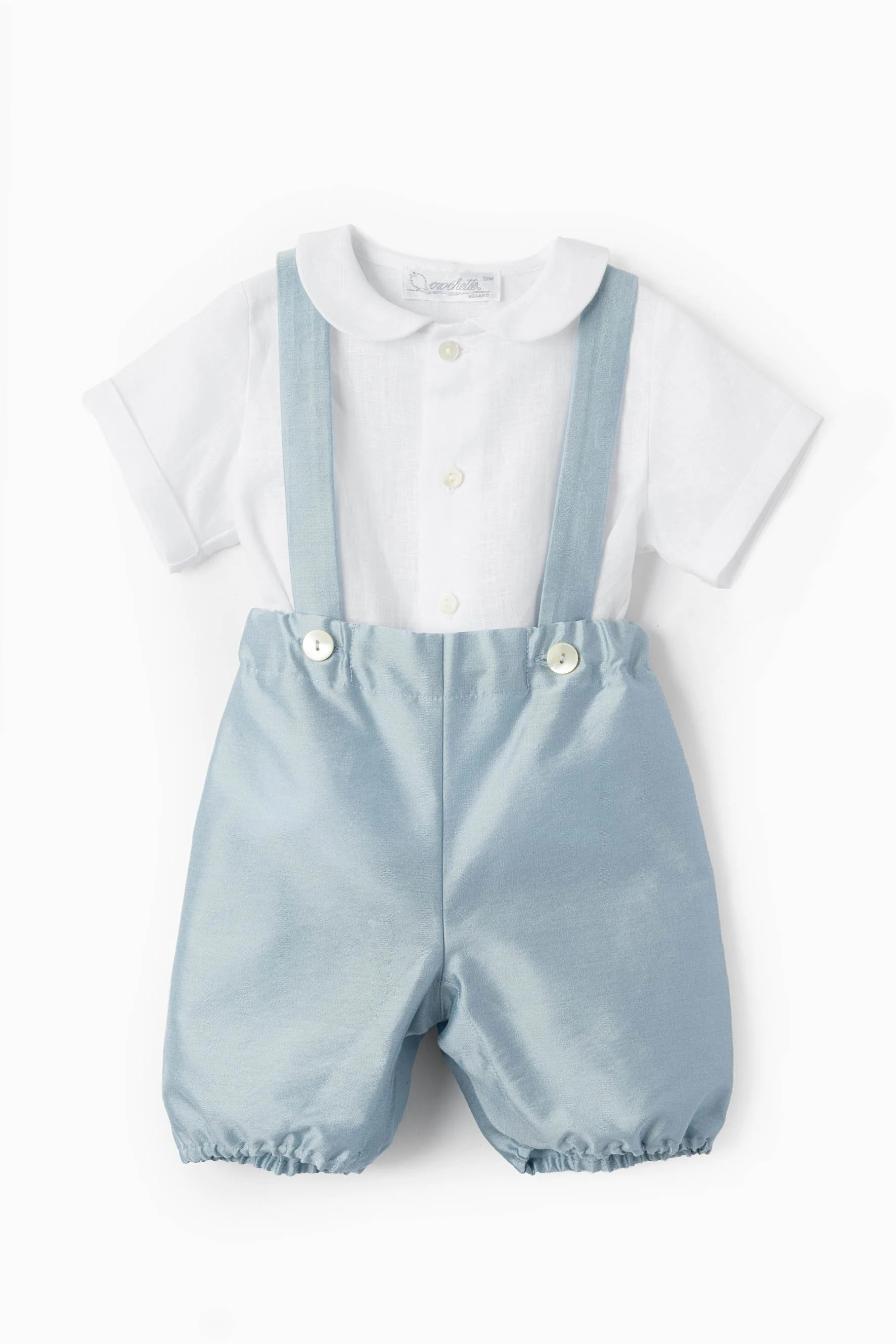 Completo cerimonia camicia lino e zuava raso azzurro polvere Crochette