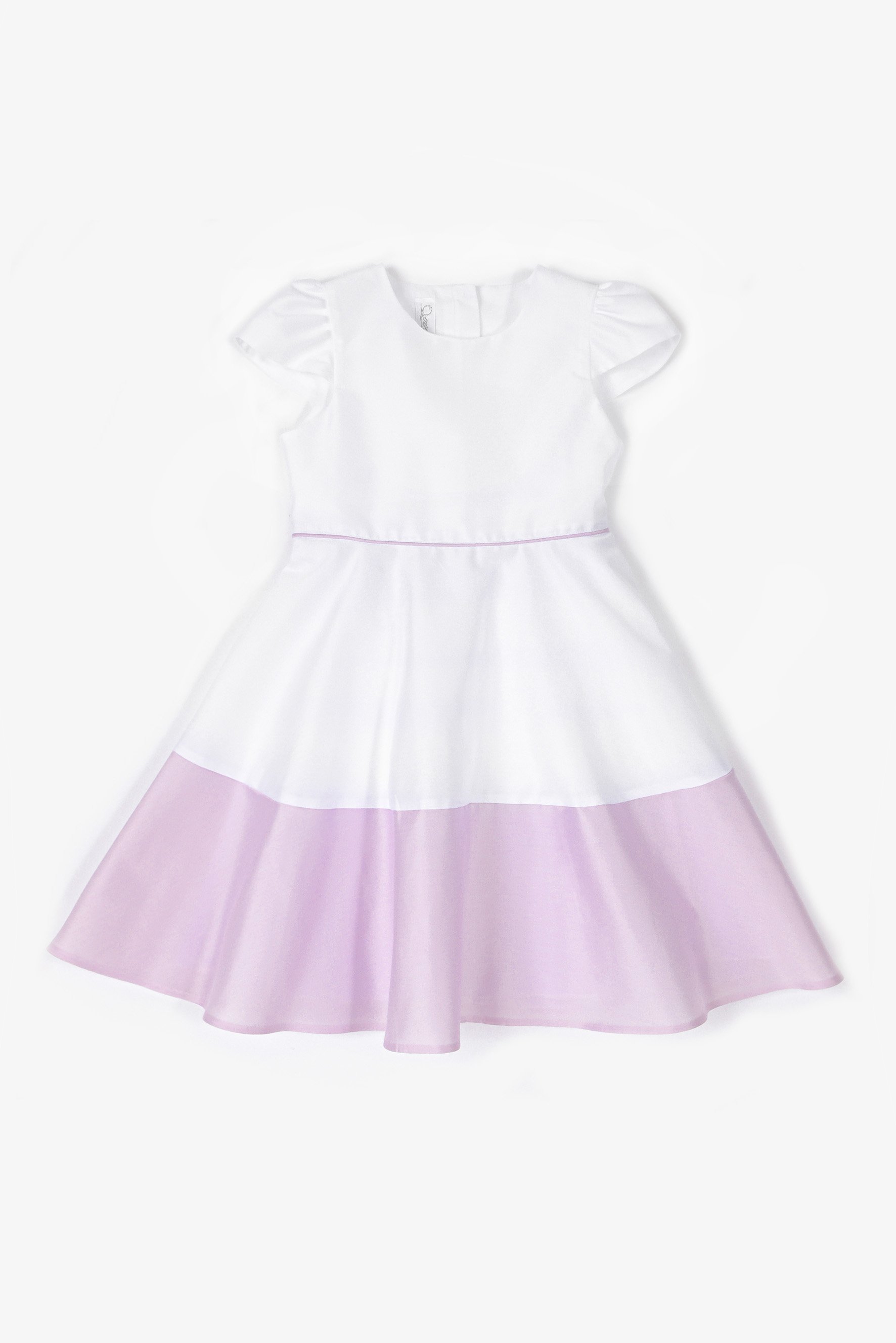 Vestito cerimonia con ruota in raso bianco e lilla.jpg