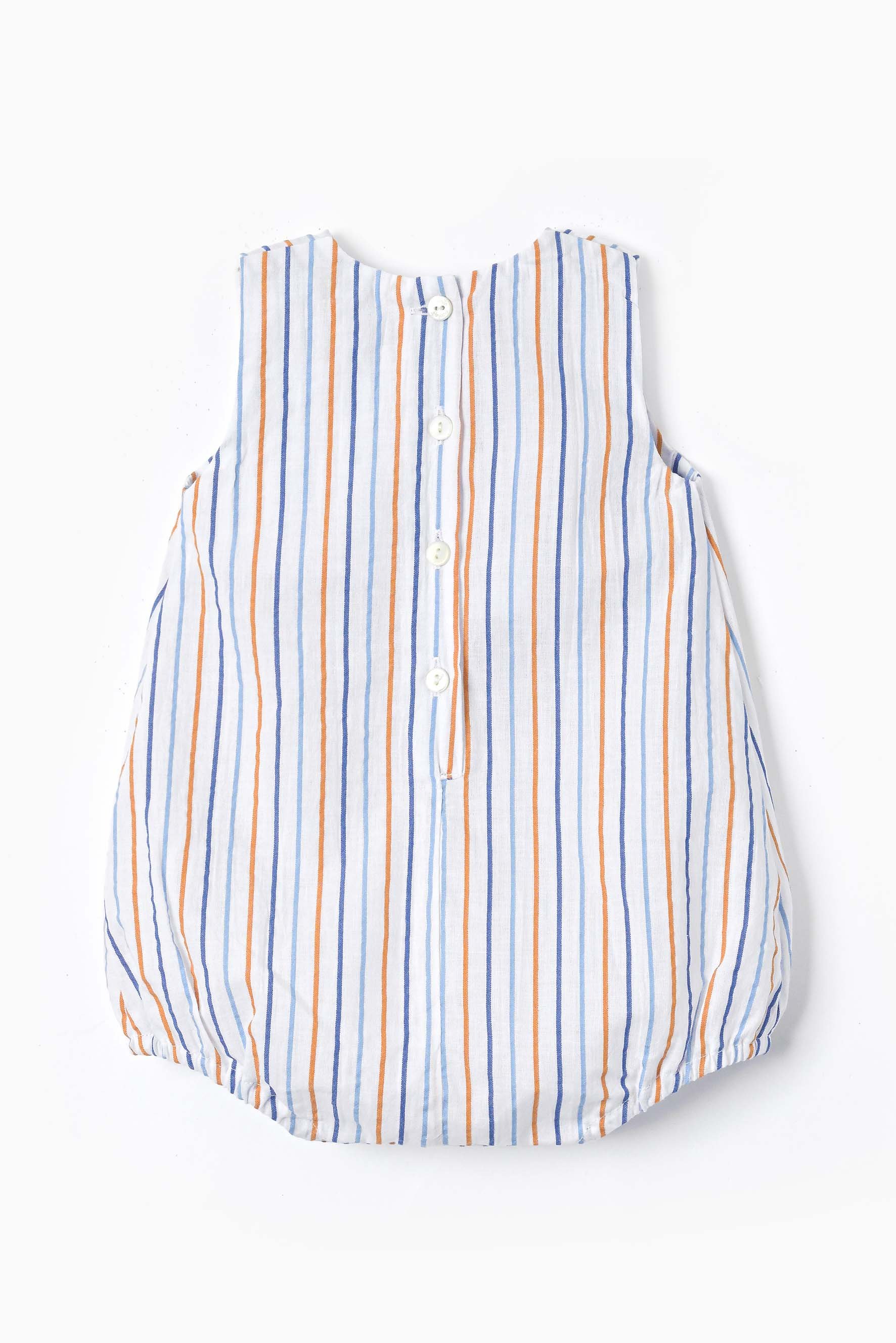 Pagliaccetto neonato riga arancione azzurra e blu retro.jpg