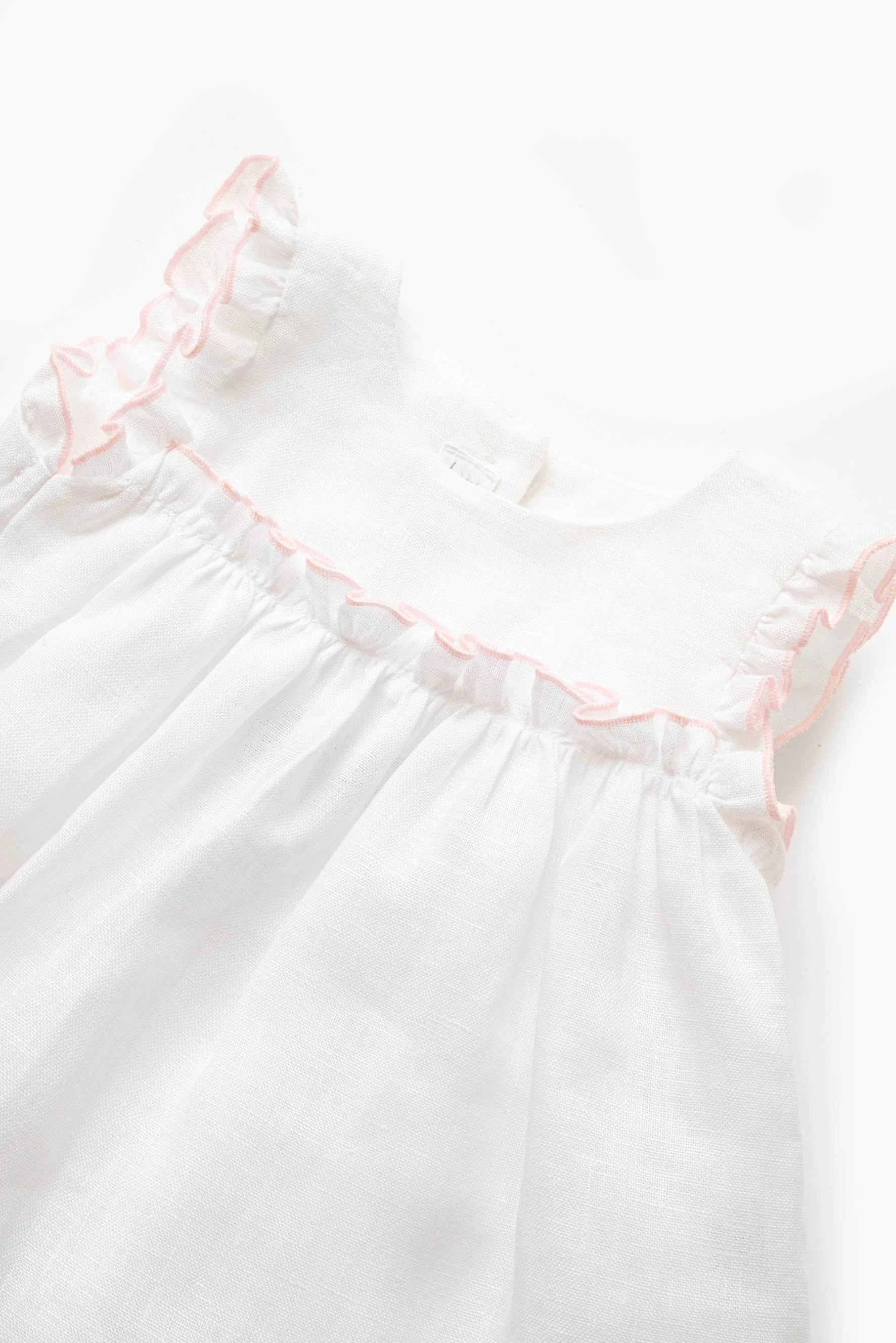 Camicina neonata lino bianco culotte rosa con rouches rosa