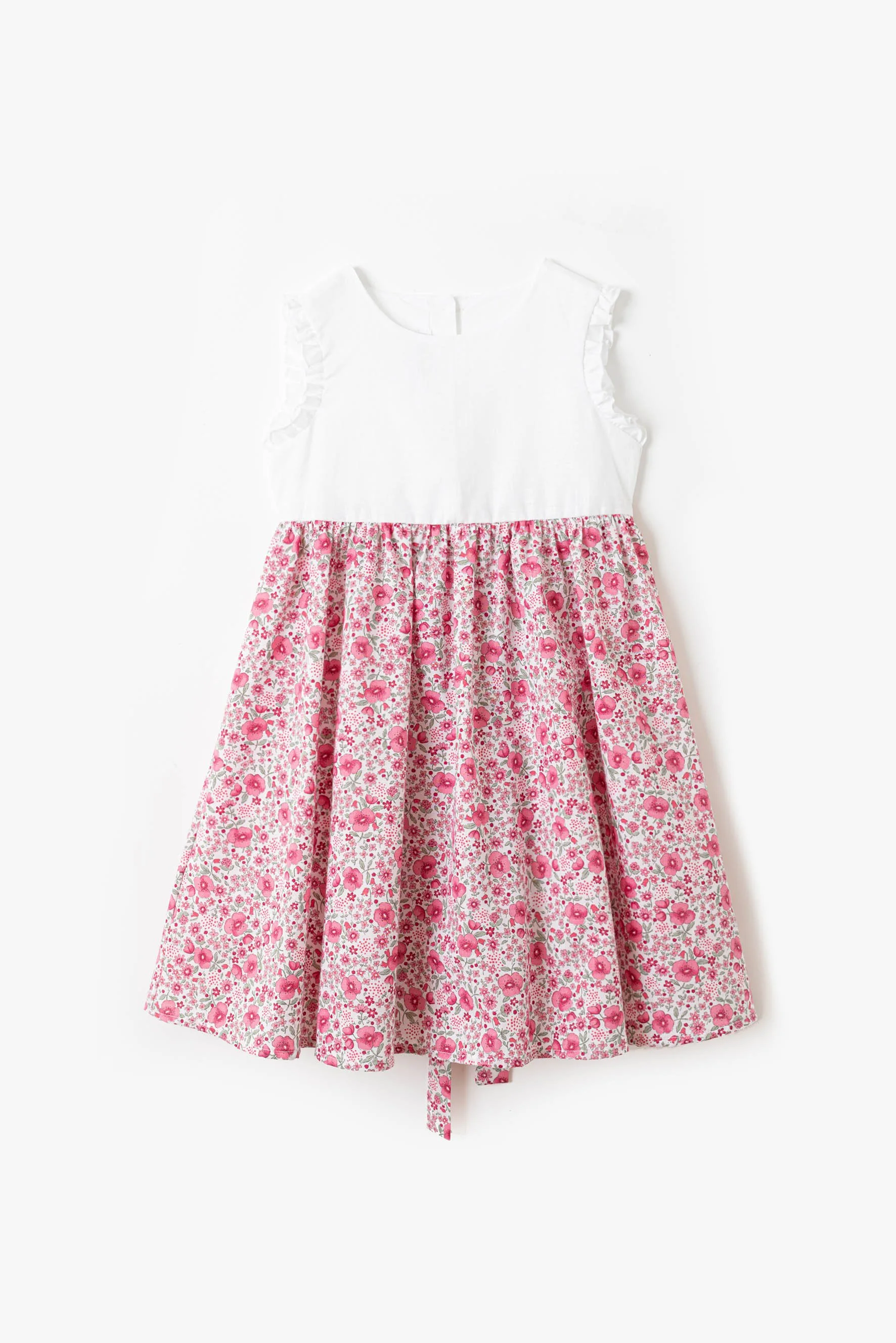 Vestito bambina lino bianco e fiore rosso