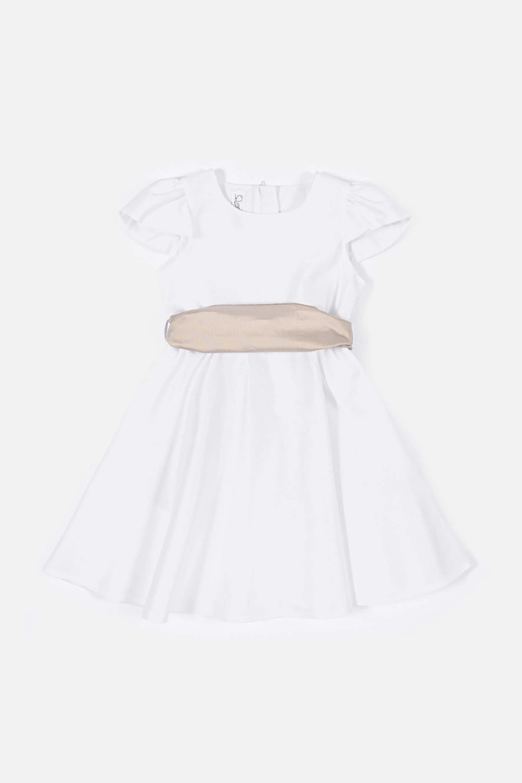 Vestito bambina in raso bianco con cintura beige