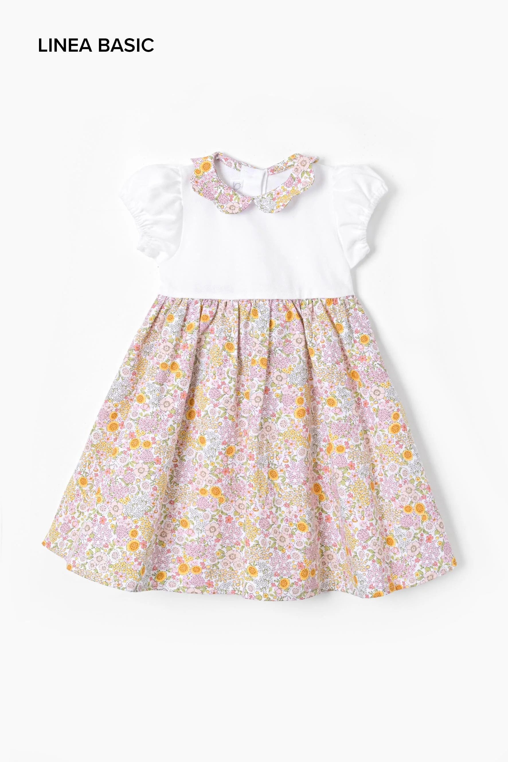 Vestito bambina jersey piquet e fiore rosa giallo Crochette