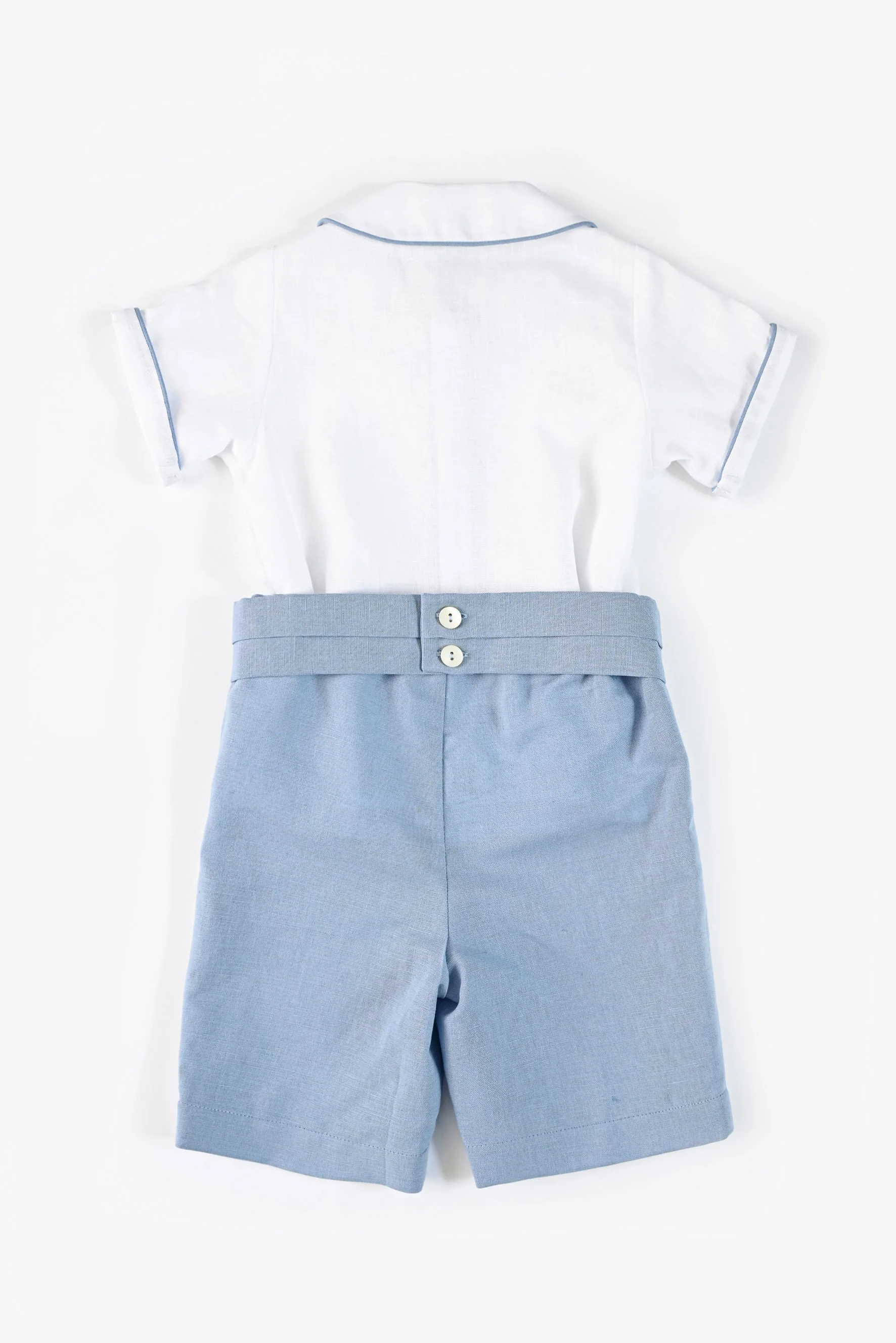 Completo bambino camicia in lino bianco e avio retro