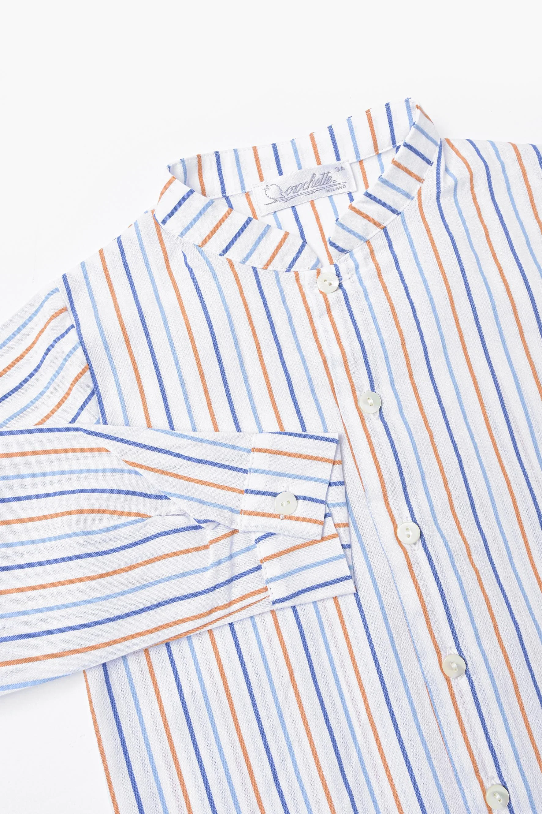 Camicia bambino coreana riga arancione blu dettaglio