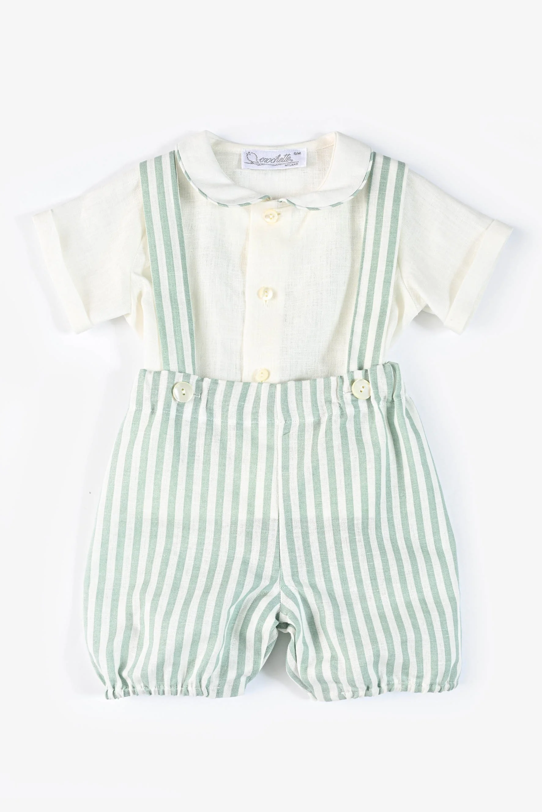 Completo cerimonia camicia lino panna e zuava righe agave