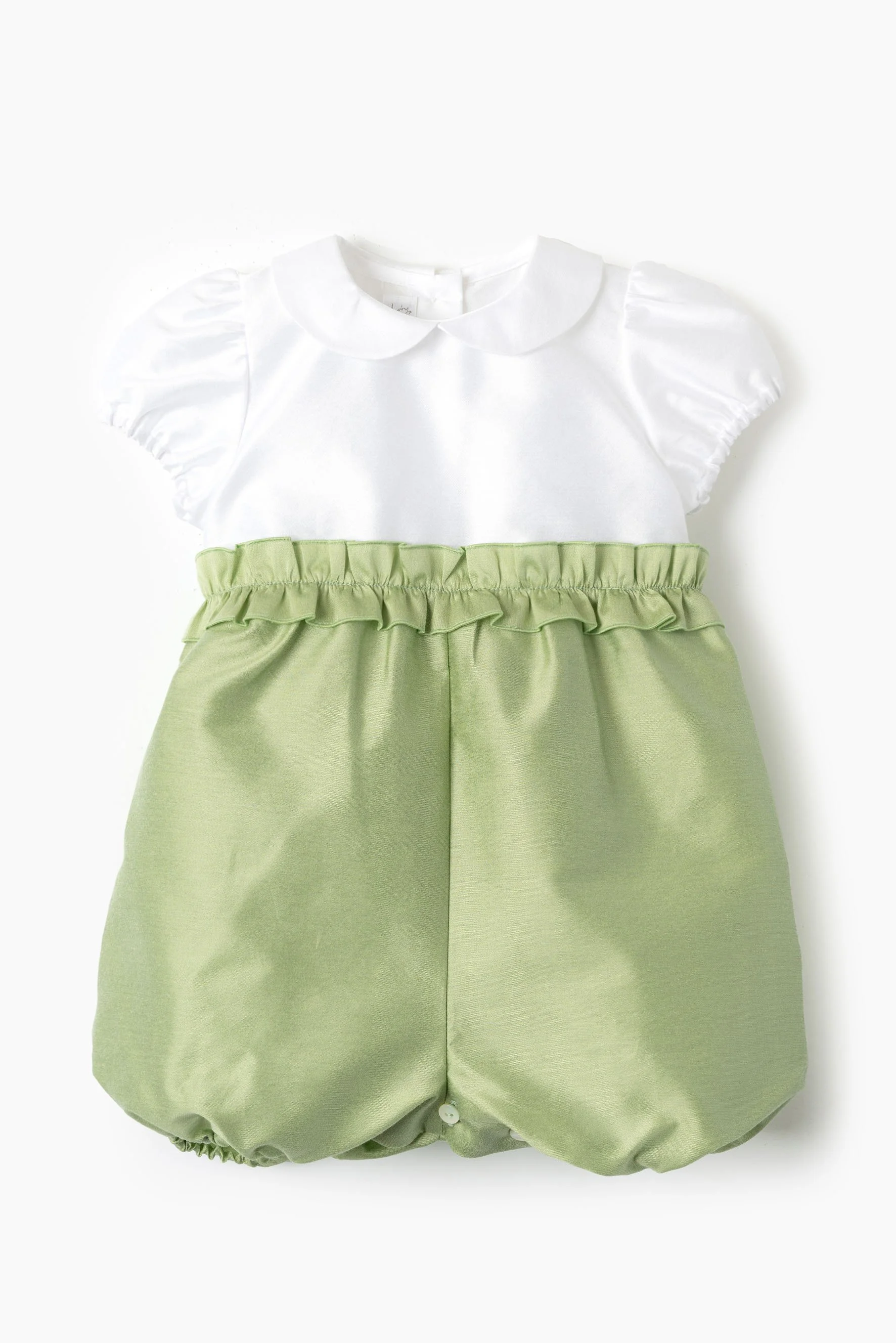 Pagliaccetto cerimonia neonata raso bianco verde kiwi con rouches Crochette
