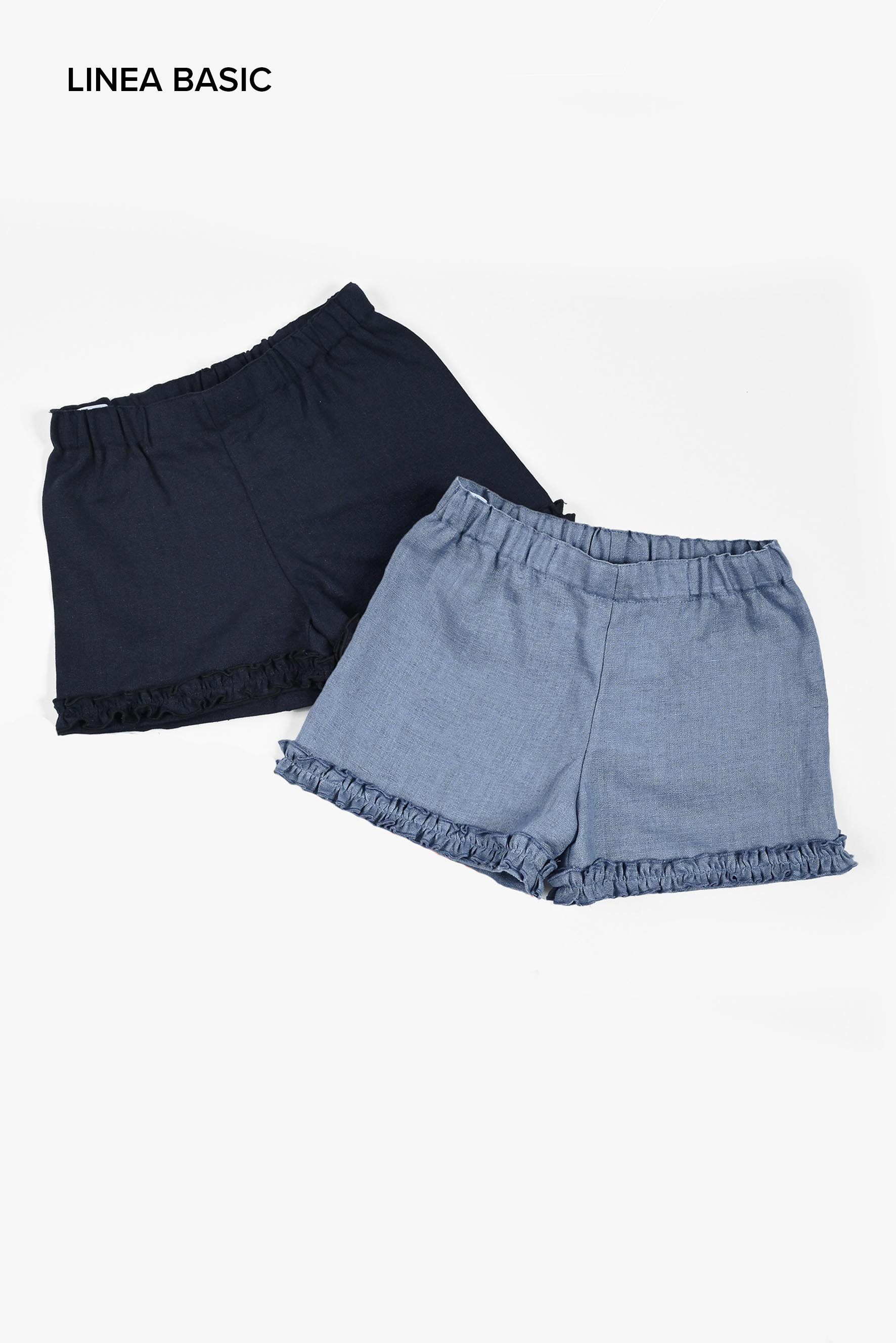 Shorts con rouches lino blu e tempesta