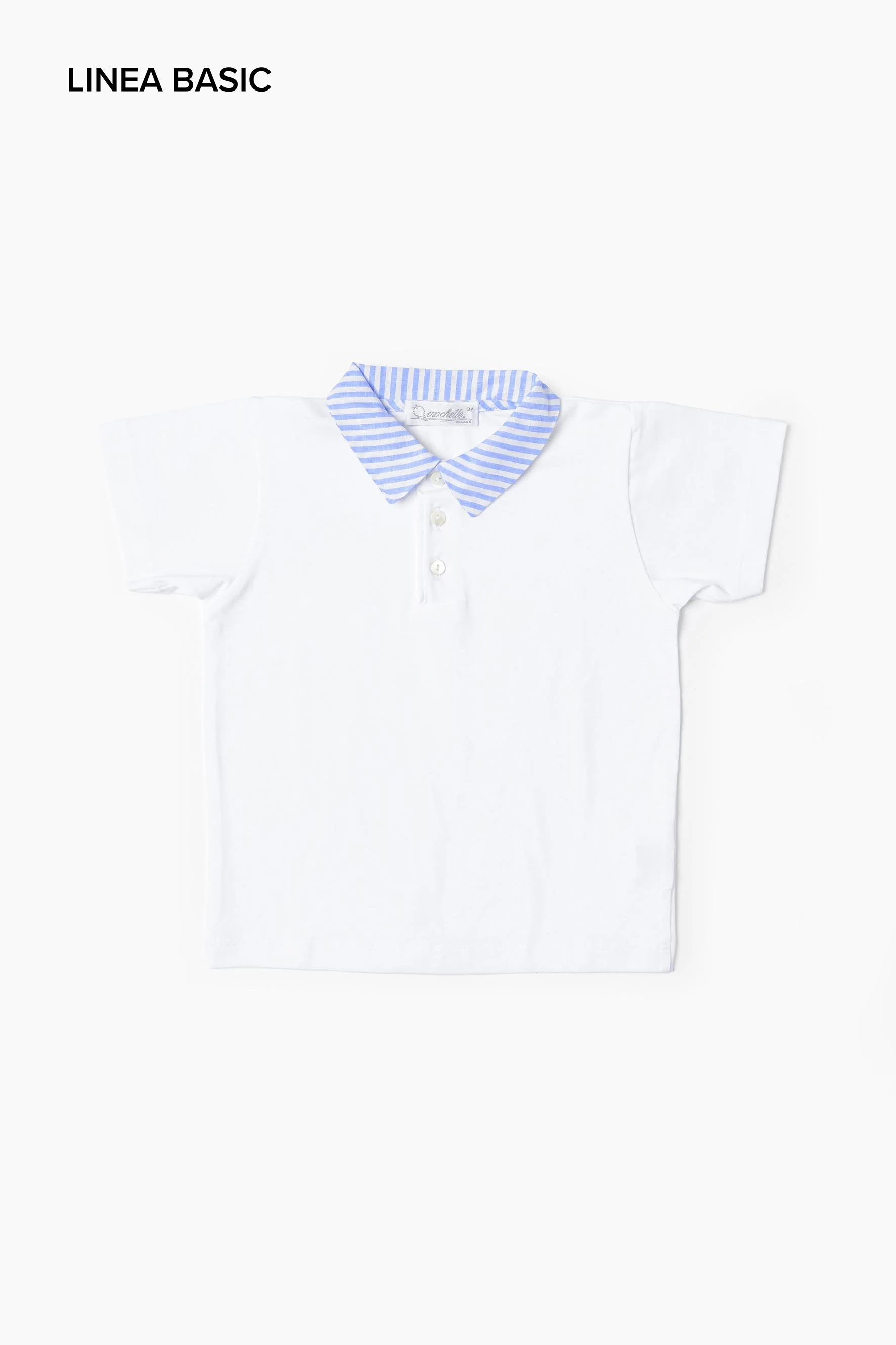 Polo bambino jersey bianco e colletto righe avio Crochette